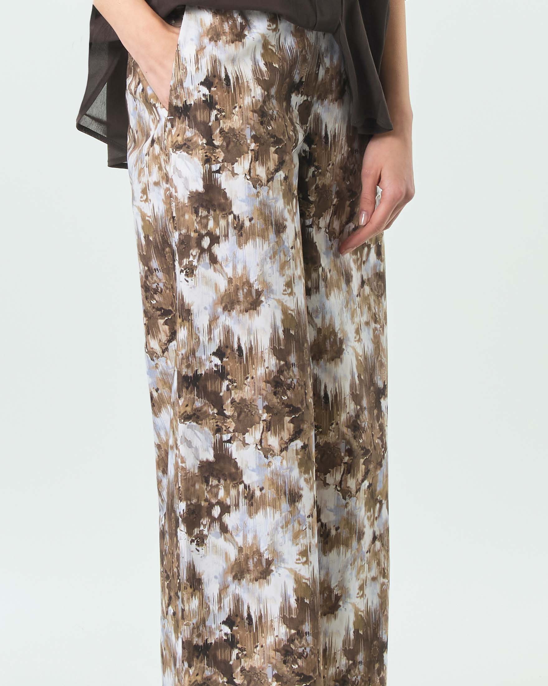 Pantalone wide MM Max Mara marrone in popeline di puro cotone stampato con vita elasticizzata image