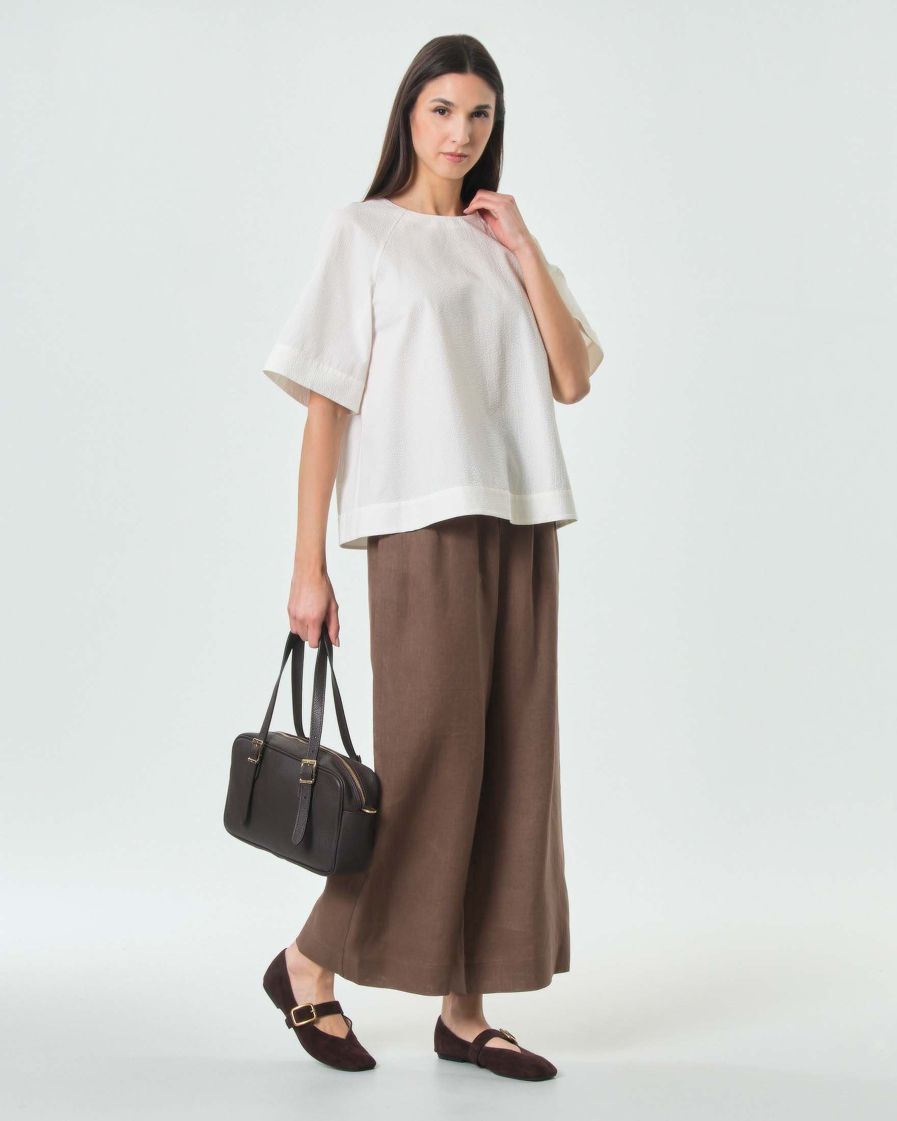 MM Max Mara — Pantaloni dritti MM Max Mara marroni in tela di puro lino con vita elasticizzata