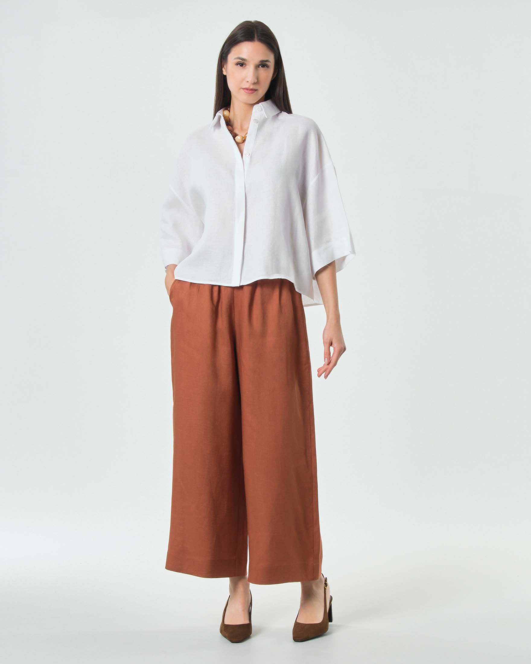 Pantaloni dritti MM Max Mara color coccio in tela di puro lino con vita elasticizzata