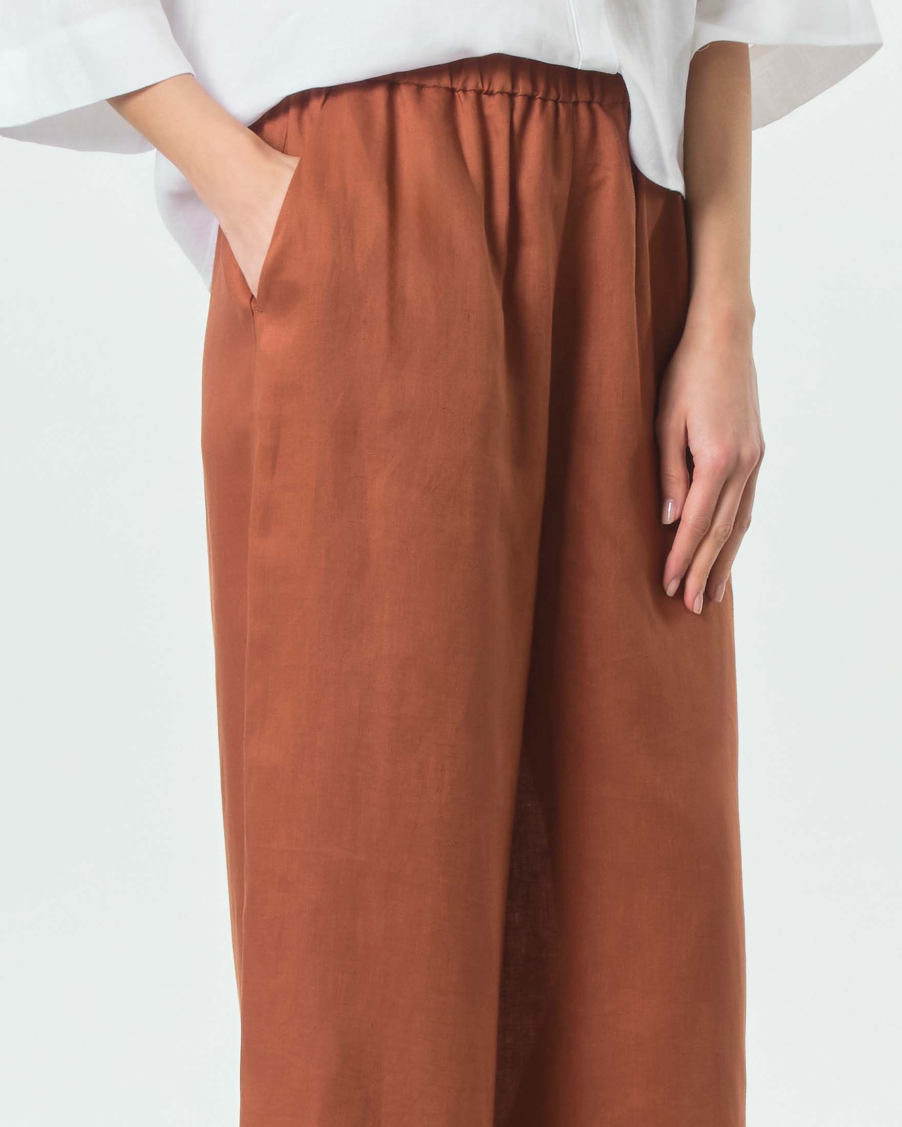 Pantaloni dritti MM Max Mara color coccio in tela di puro lino con vita elasticizzata image
