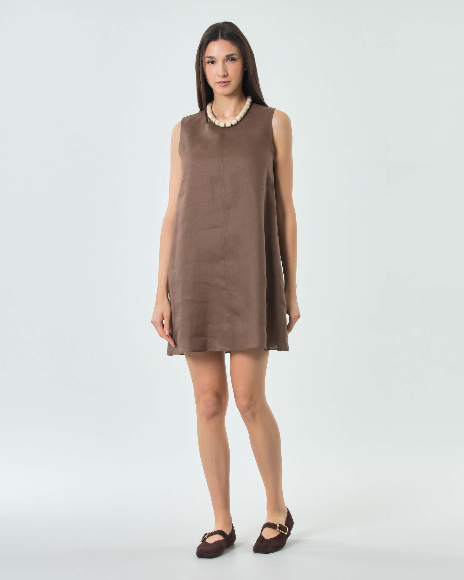 Abito corto dritto MM Max Mara marrone in tela di puro lino