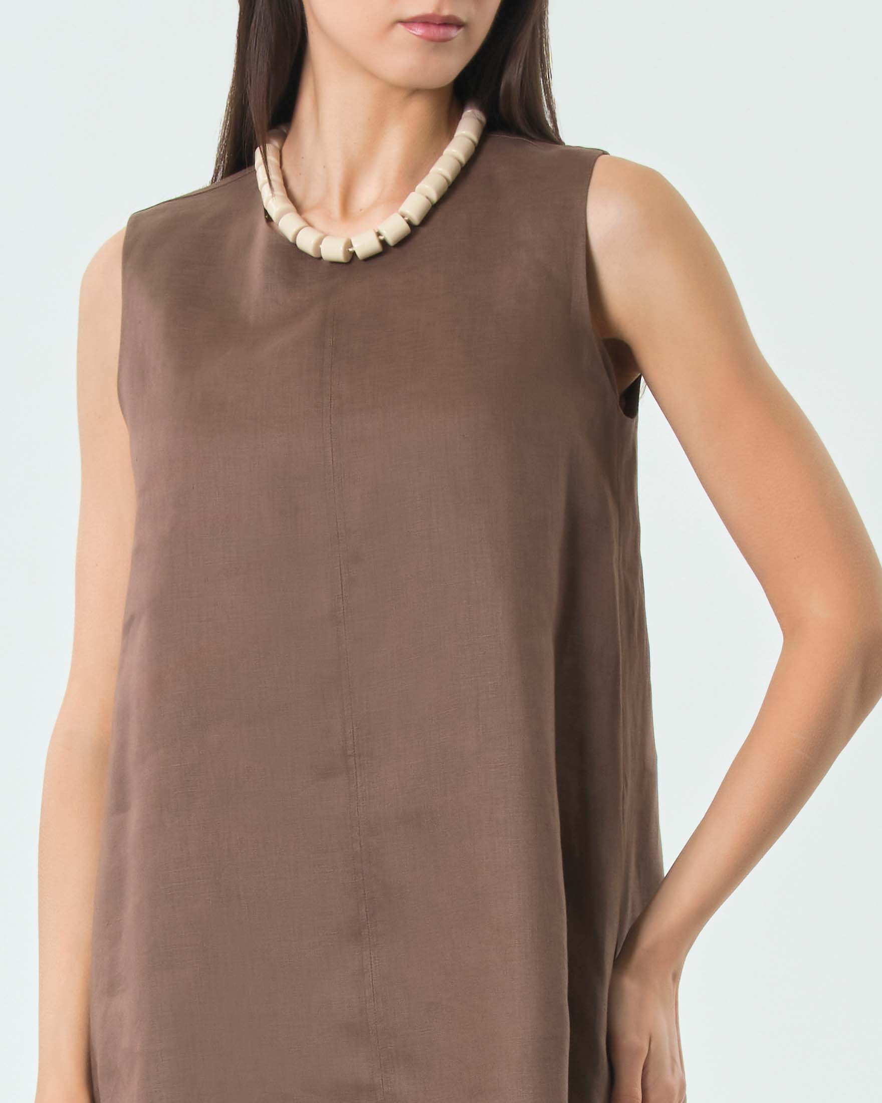 Abito corto dritto MM Max Mara marrone in tela di puro lino image