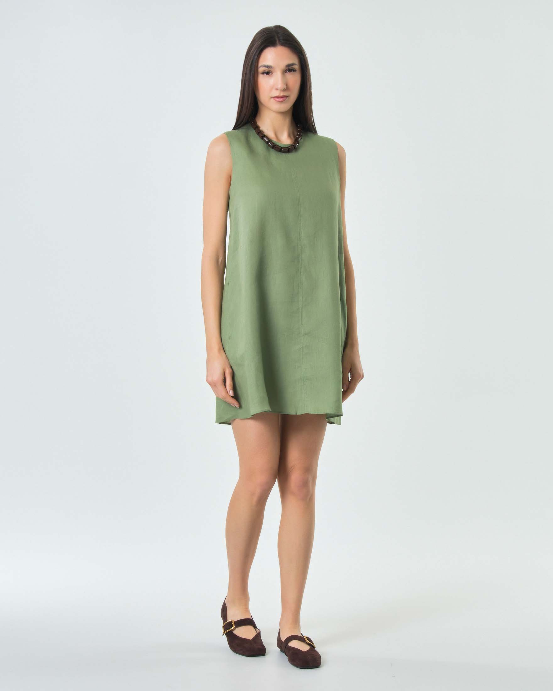 Abito corto dritto MM Max Mara verde in tela di puro lino