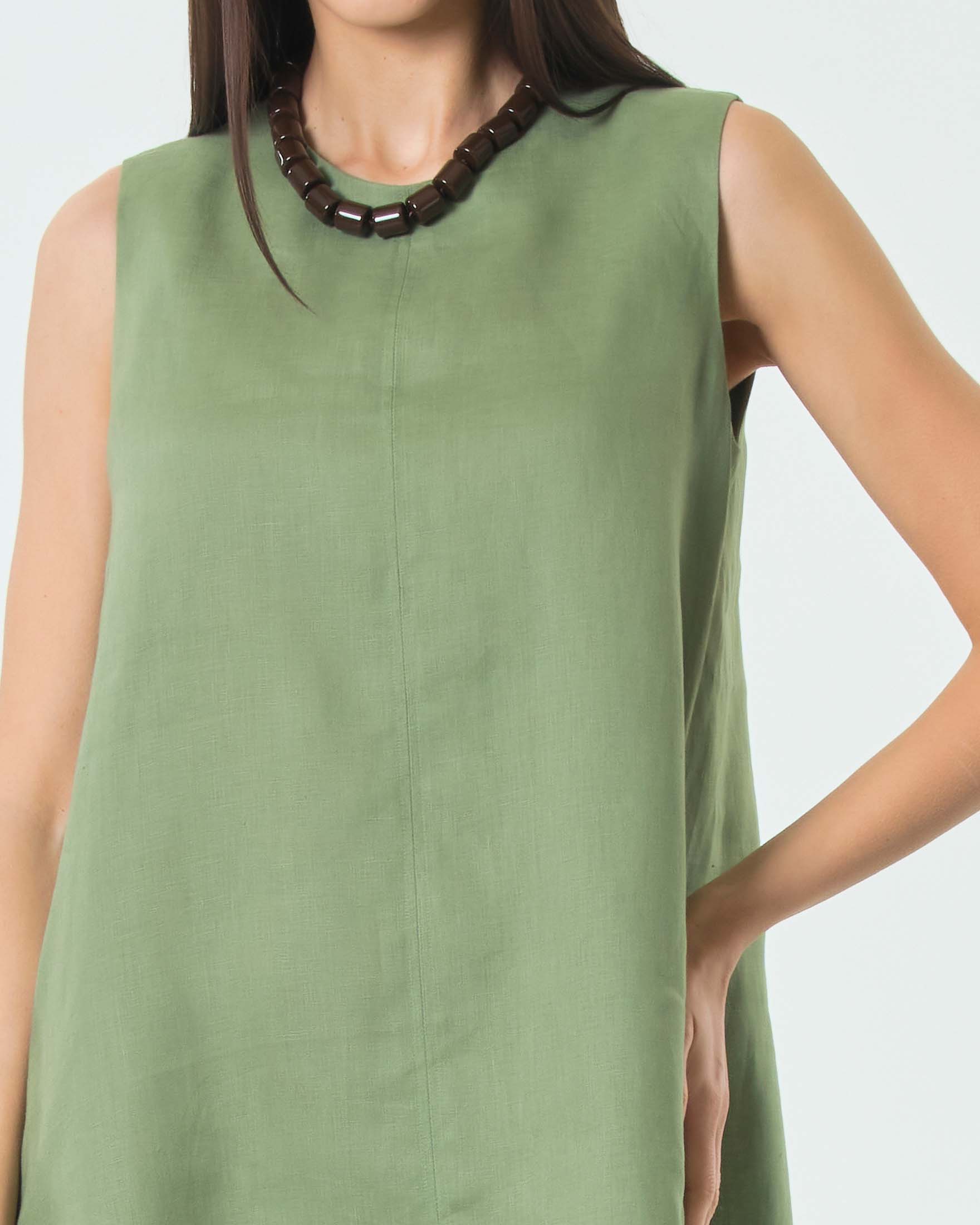 Abito corto dritto MM Max Mara verde in tela di puro lino image