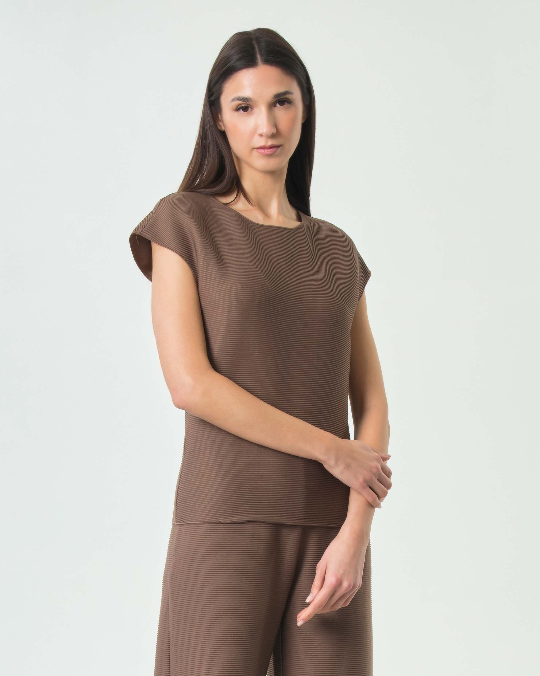 Top smanicato MM Max Mara marrone in tessuto con effetto ottomano