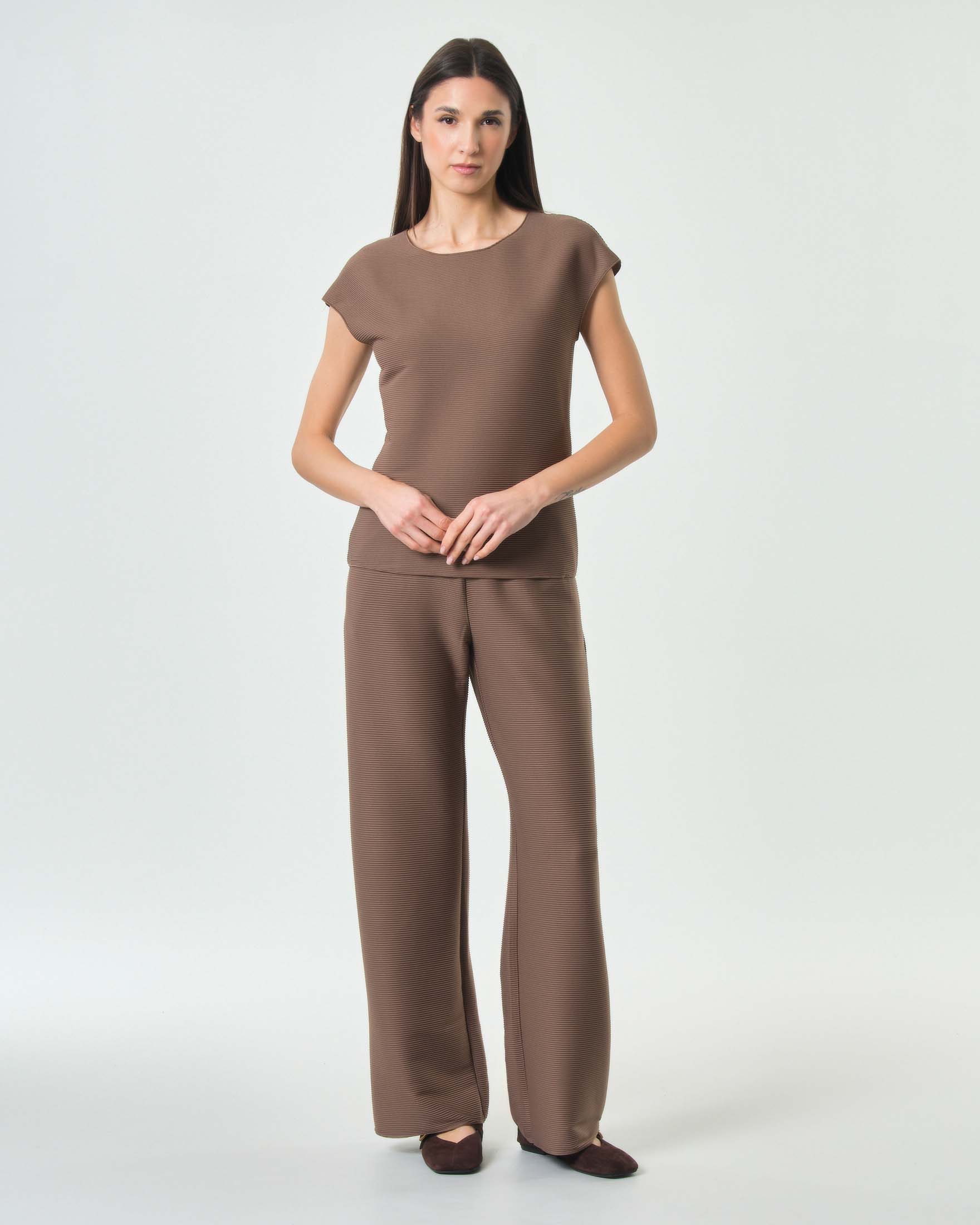 Top smanicato MM Max Mara marrone in tessuto con effetto ottomano image