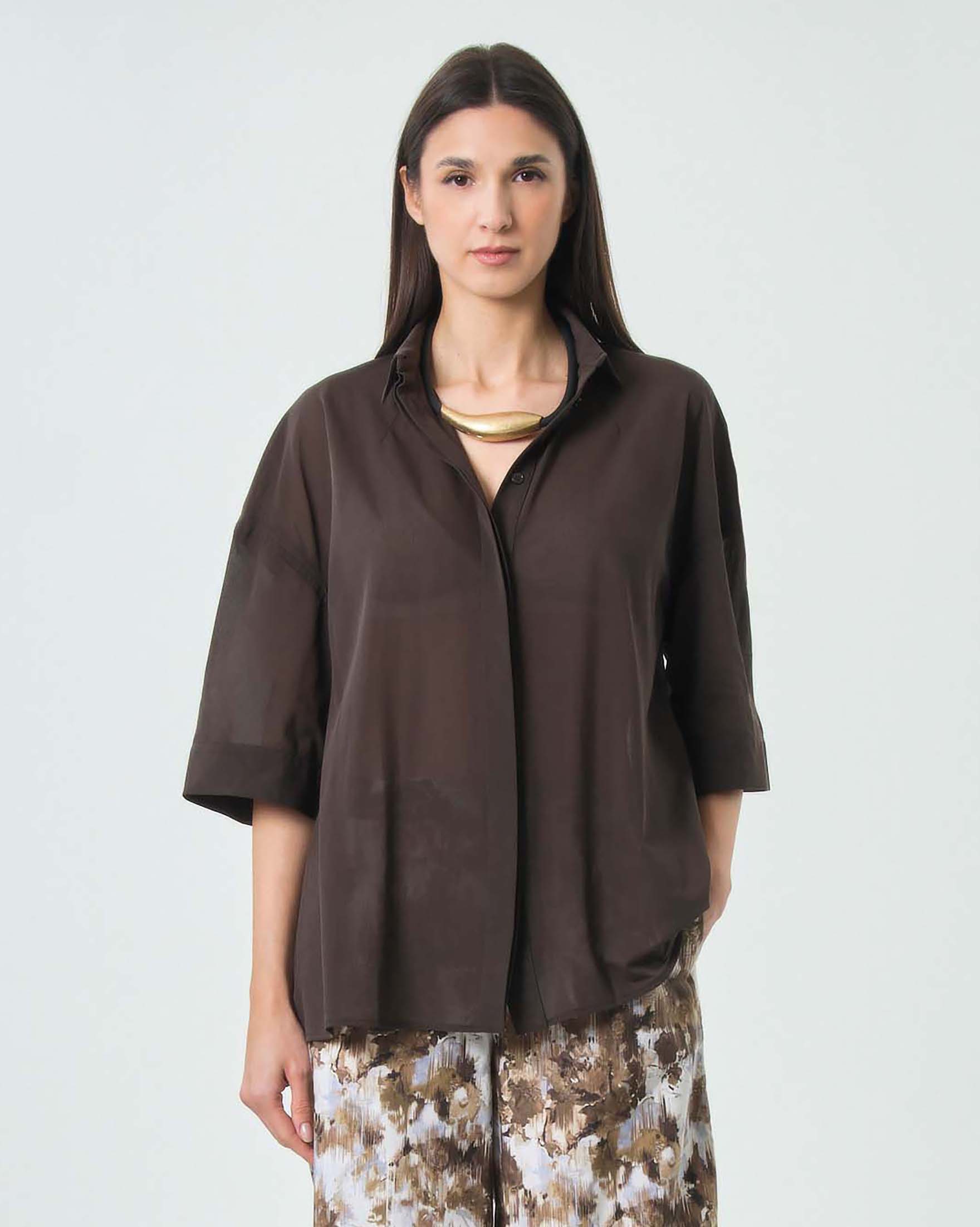 Camicia MM Max Mara color moro in misto cotone con maniche a tre quarti
