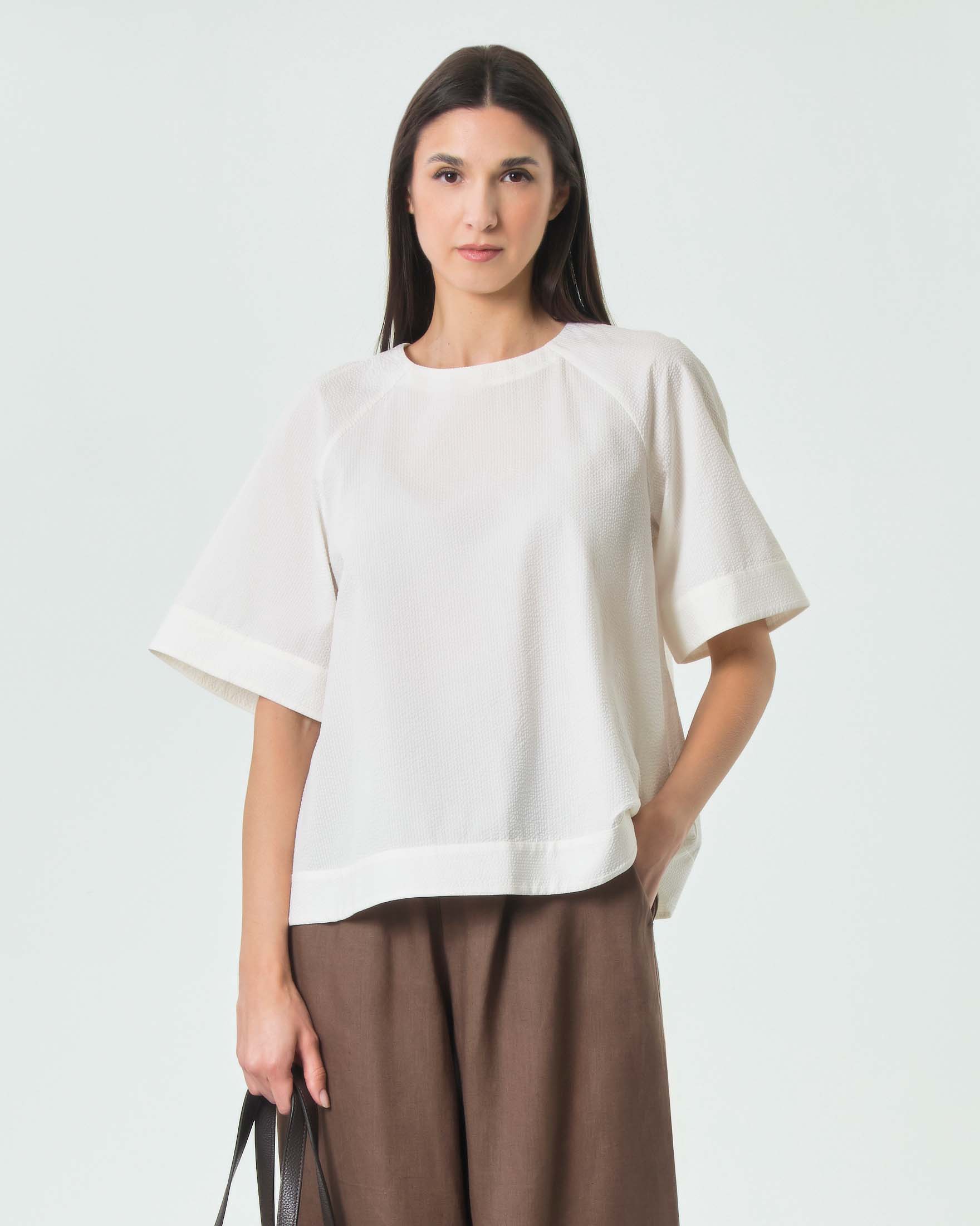 Blusa MM Max Mara bianca in seersucker di puro cotone con maniche a tre quarti
