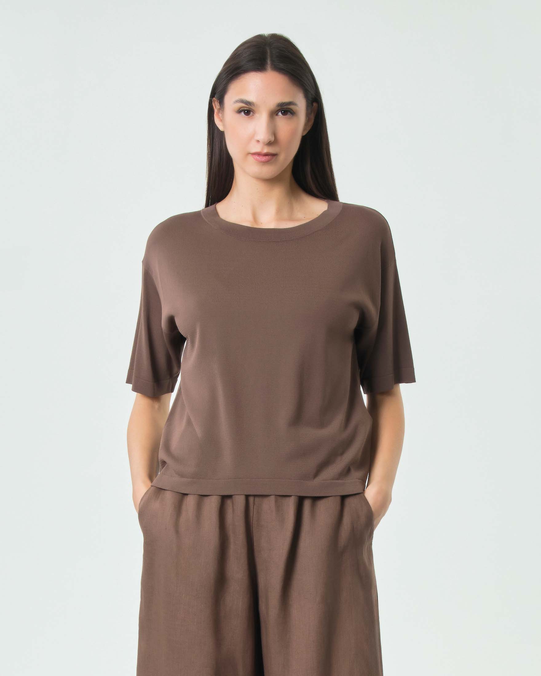 Maglia boxy a maniche corte MM Max Mara marrone in viscosa crêpe
