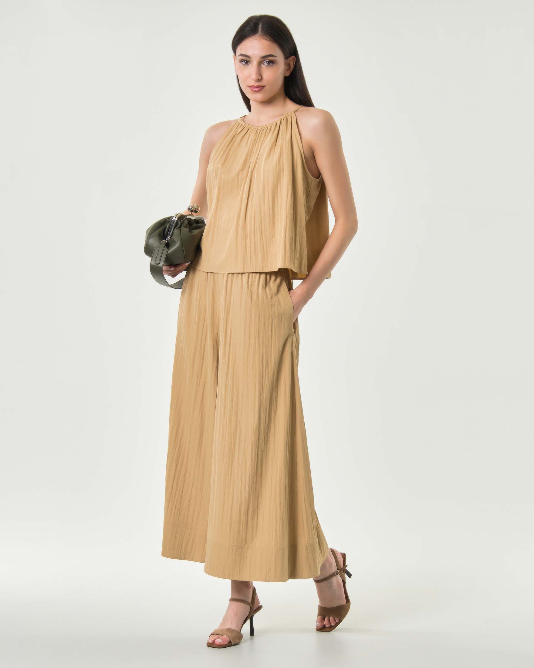 Pantaloni cropped a palazzo Milla color cammello con vita elasticizzata e tasche