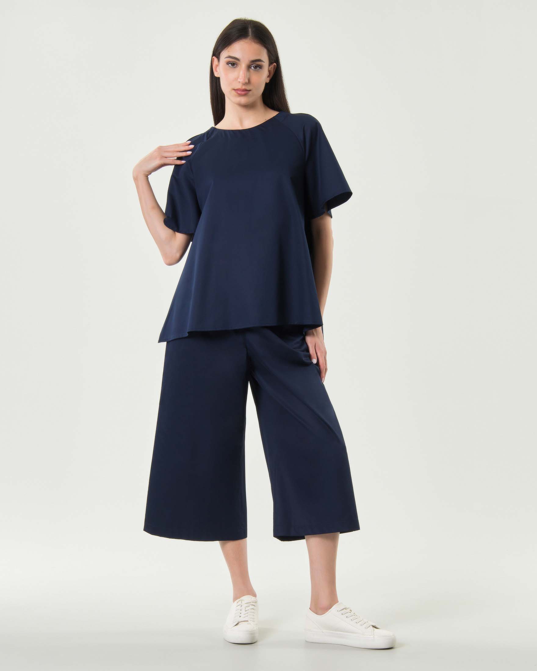 Pantaloni cropped Milla blu in popeline di puro cotone con vita elasticizzata e tasche oblique
