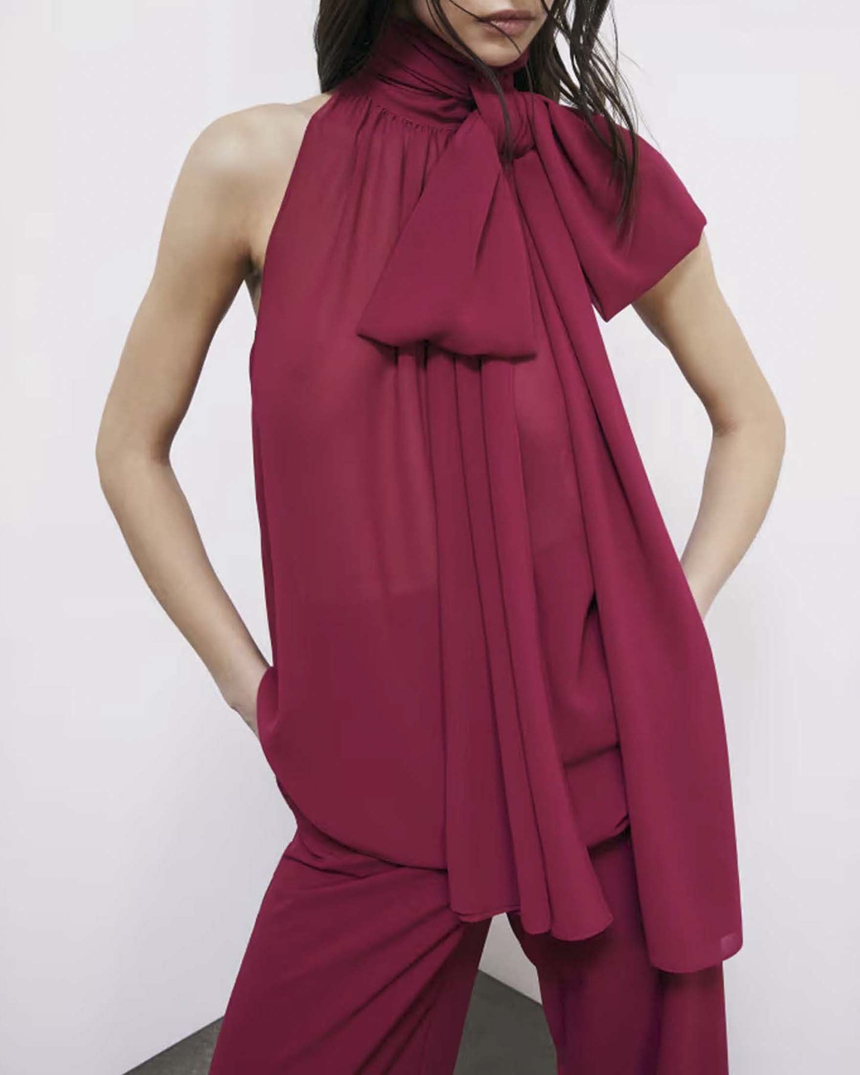 Blusa fluida Patrizia Pepe rubino in georgette con fusciacca e arricciatura sul collo