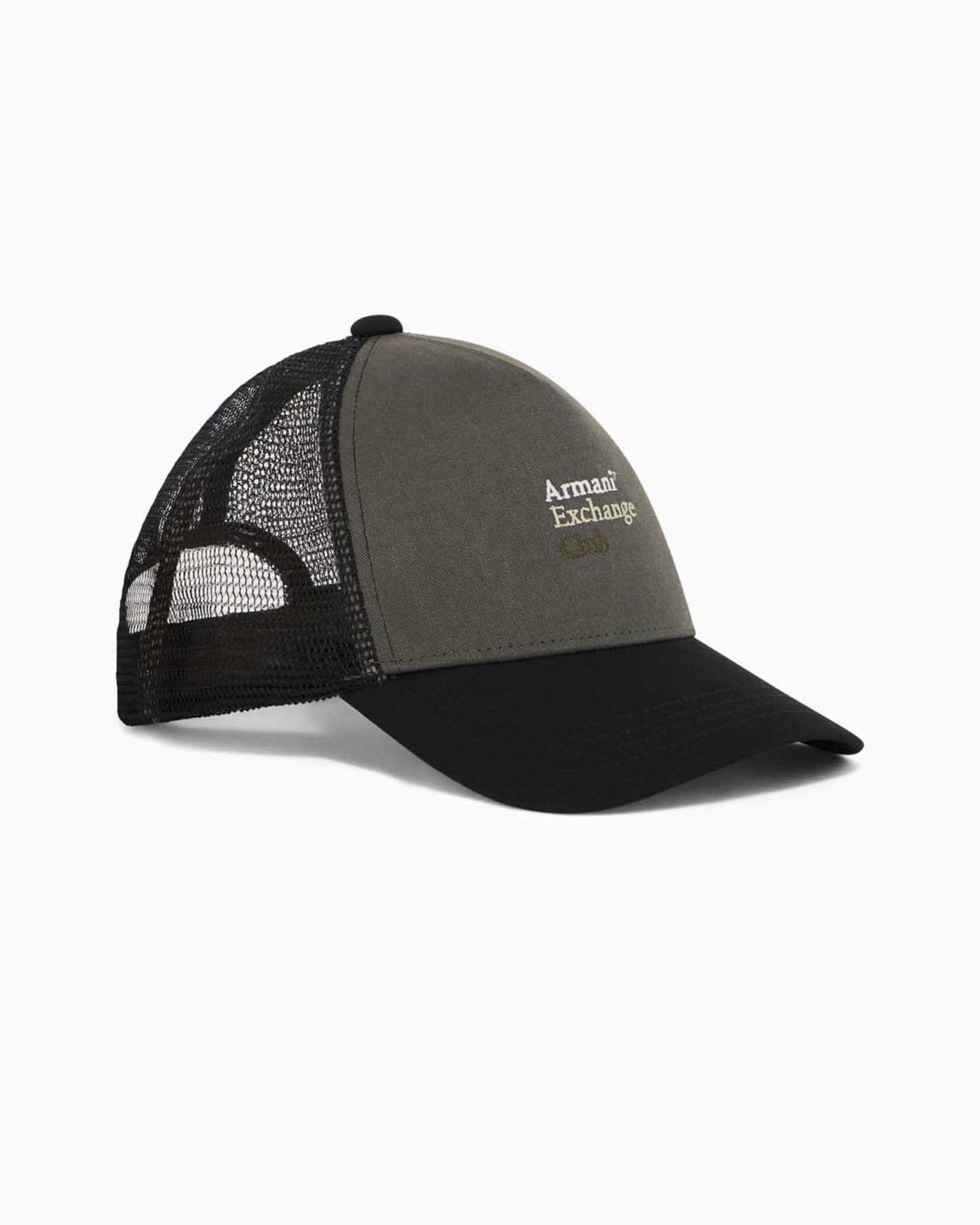 Berretto trucker Armani Exchange verde militare in cotone con logo ricamato