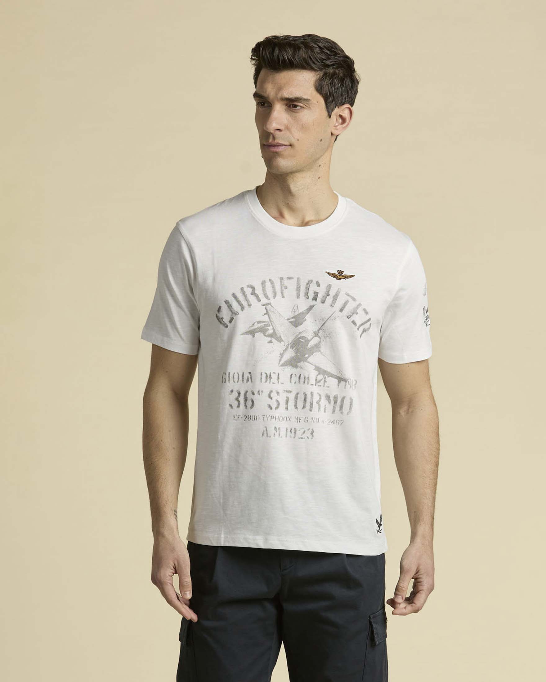 T-shirt bianca mezza manica in puro cotone fiammato con ricamo Eurofighter Typhoon 36° Stormo