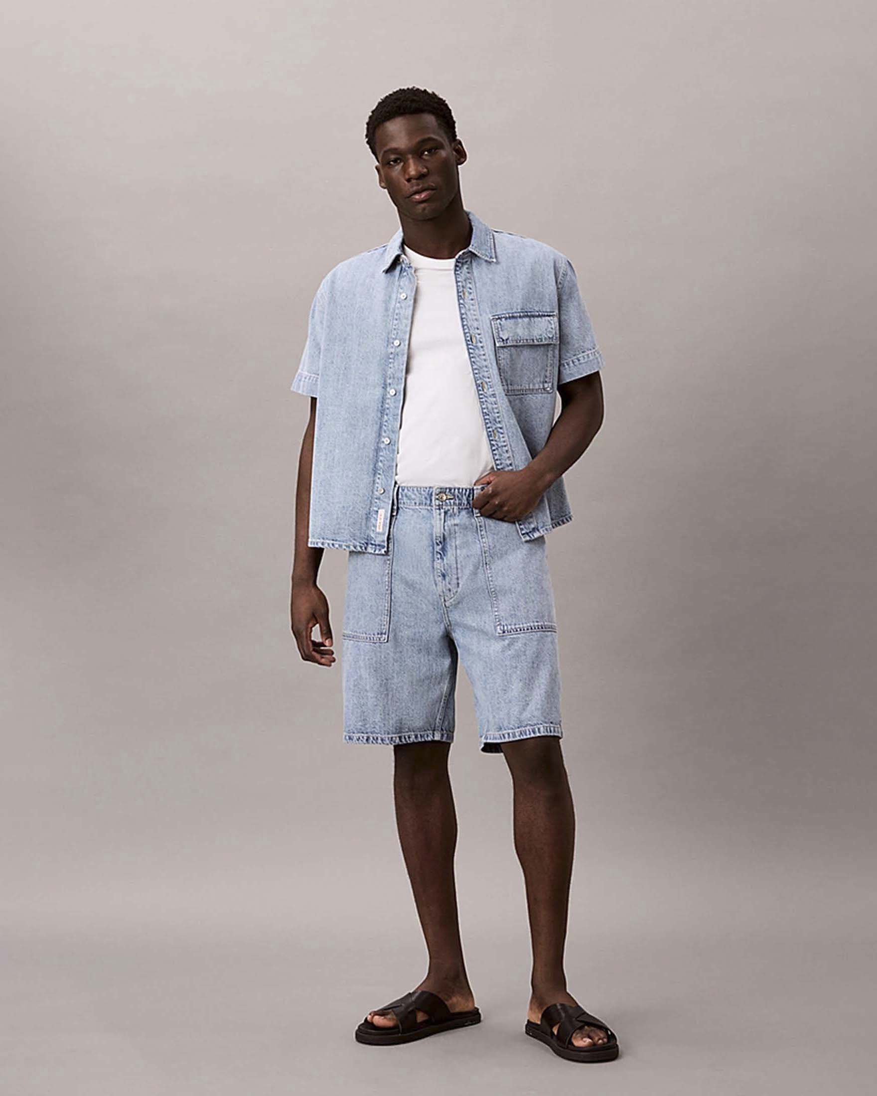 Camicia mezza manica Jeans azzurra in denim di cotone e lino