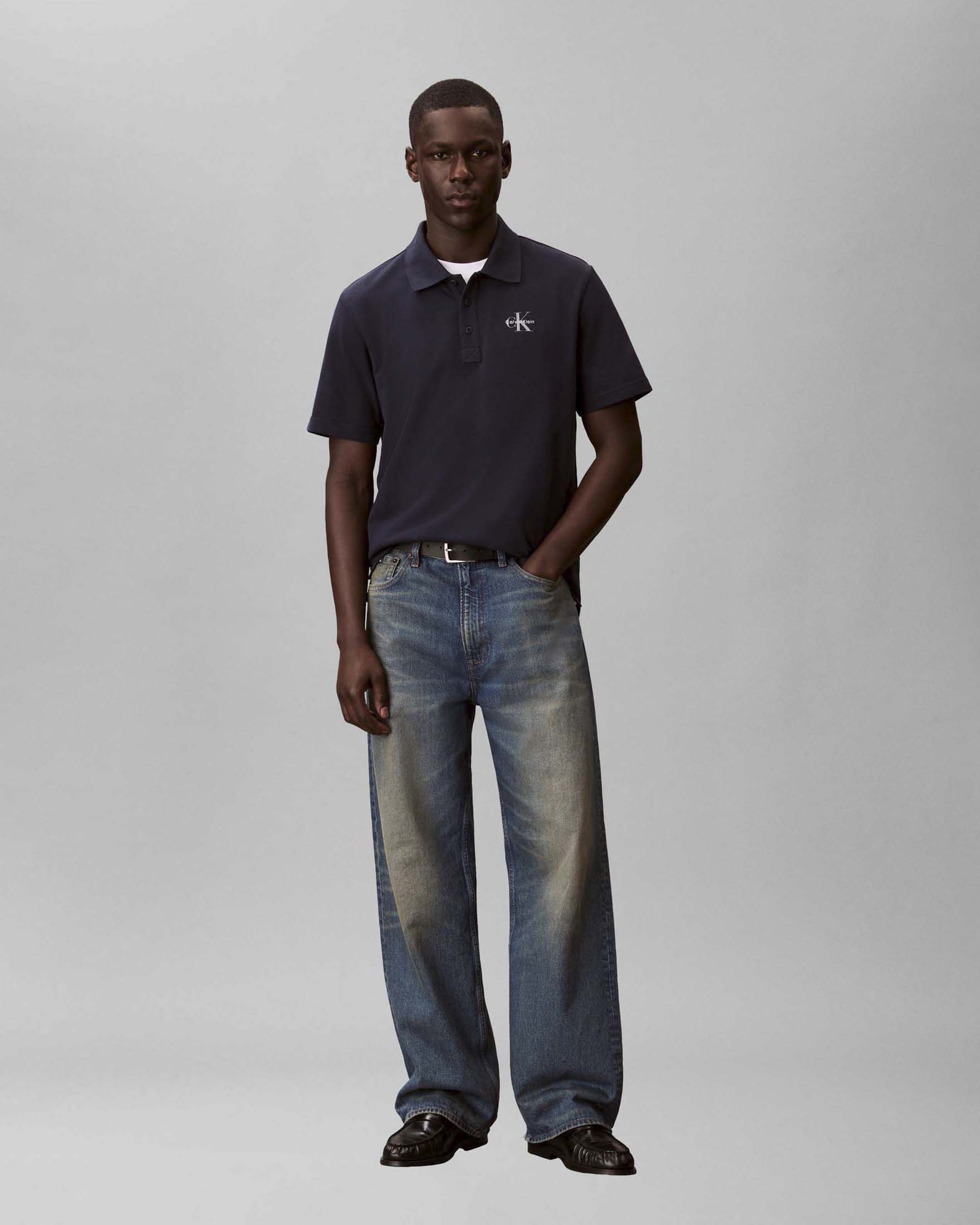 Polo mezza manica Jeans blu scuro in cotone con logo ricamato
