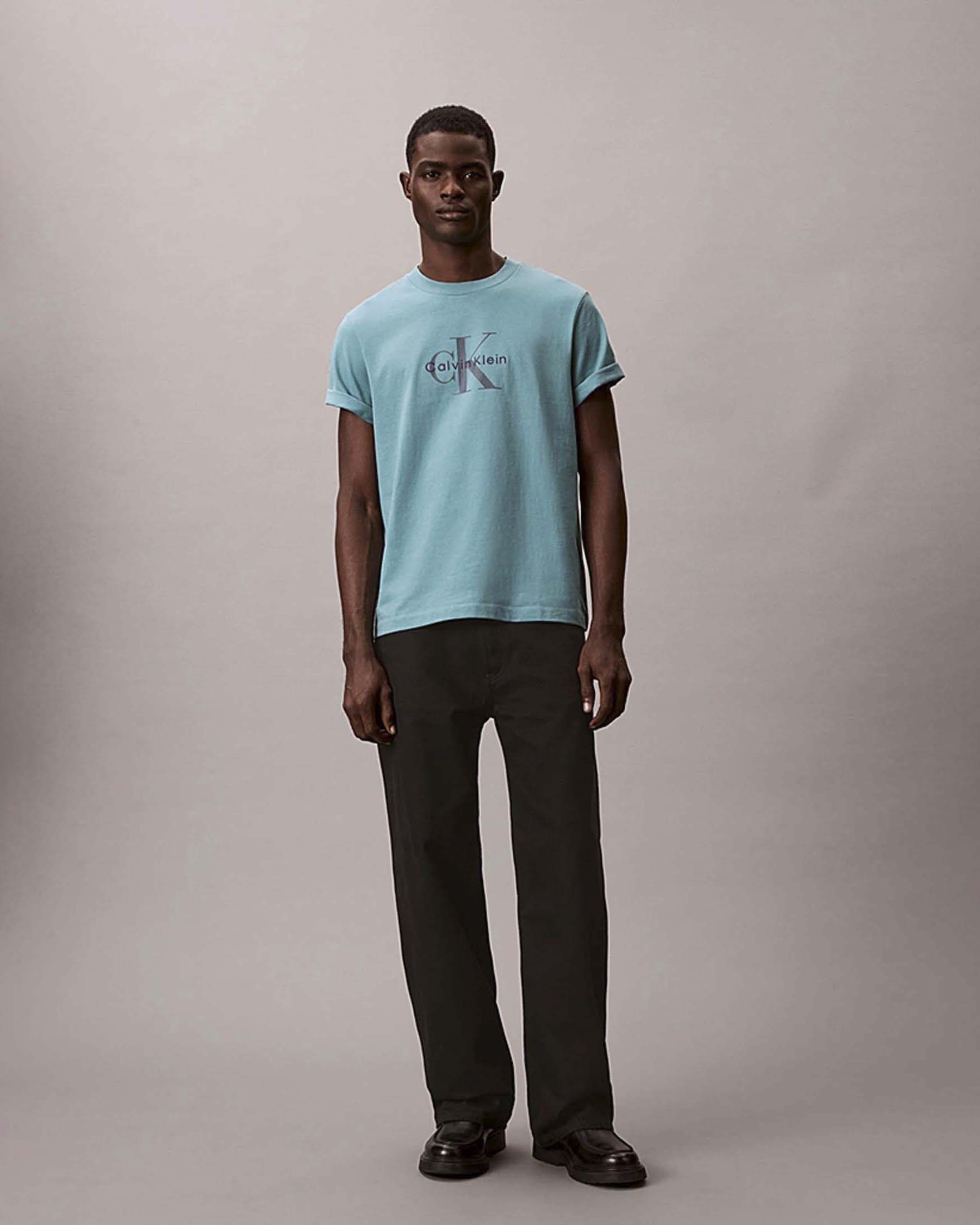 T-shirt mezza manica Jeans ottanio con stampa logo monogramma