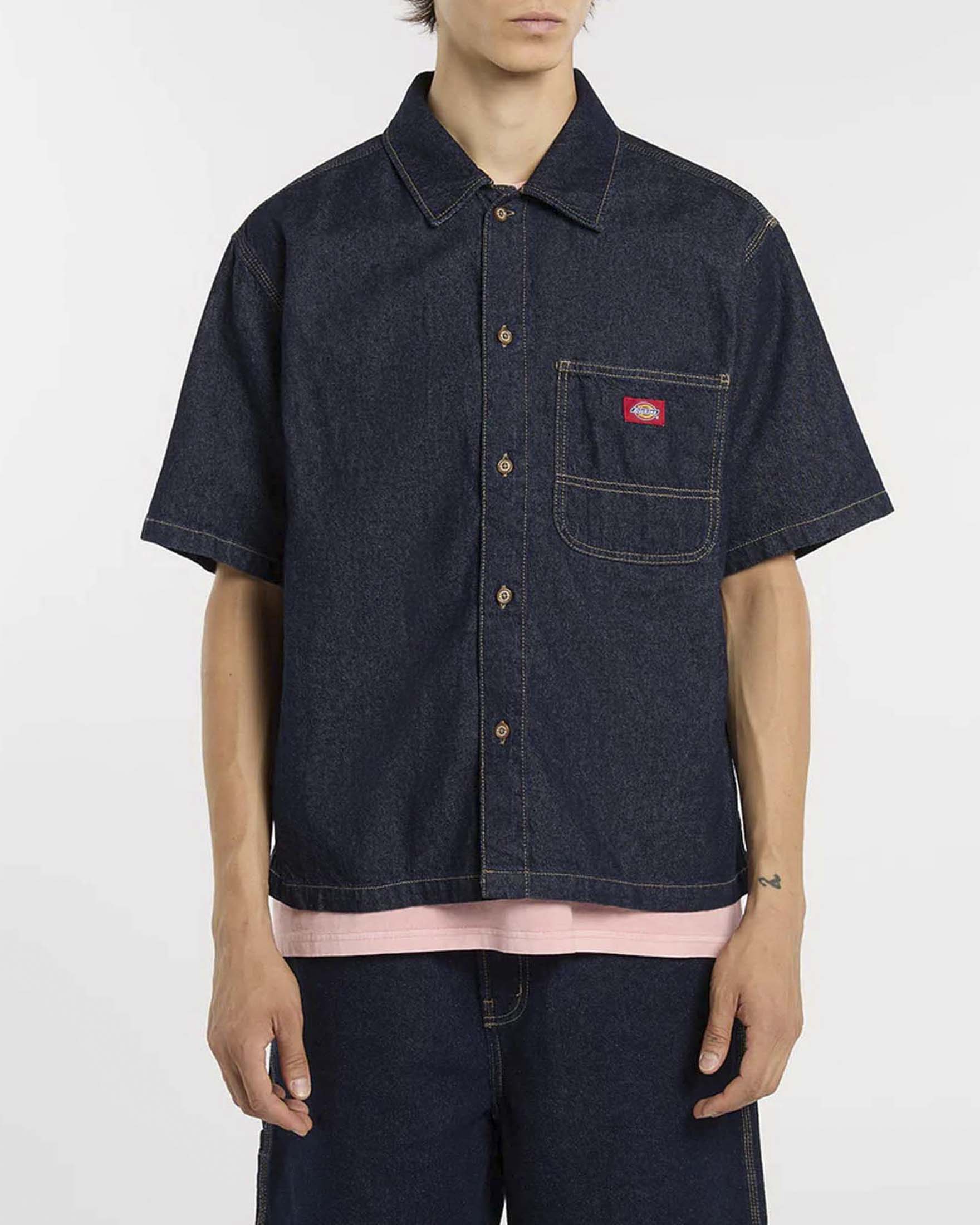Camicia mezza manica in denim di puro cotone a lavaggio scuro