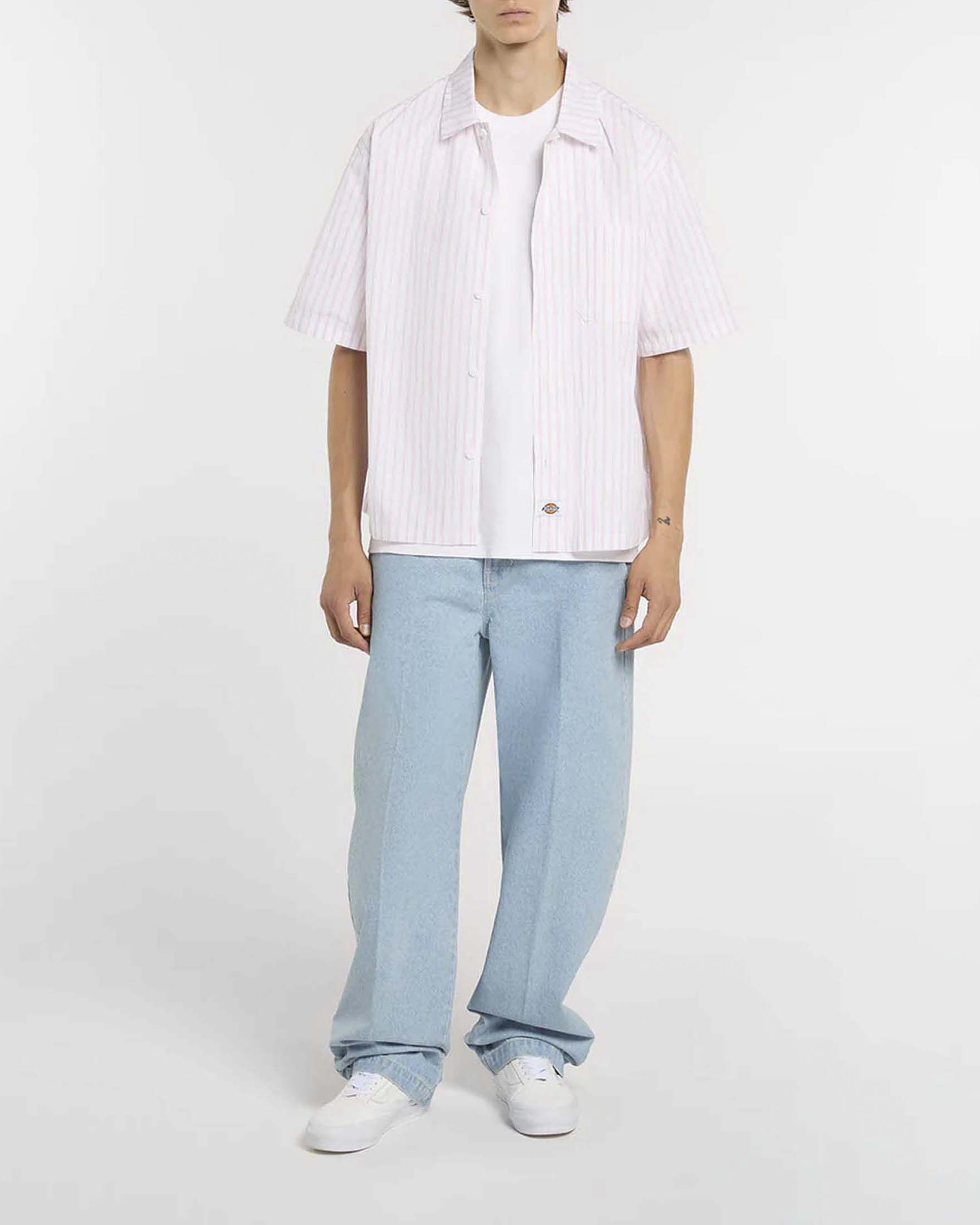 Camicia mezza manica rosa a righe con taschino