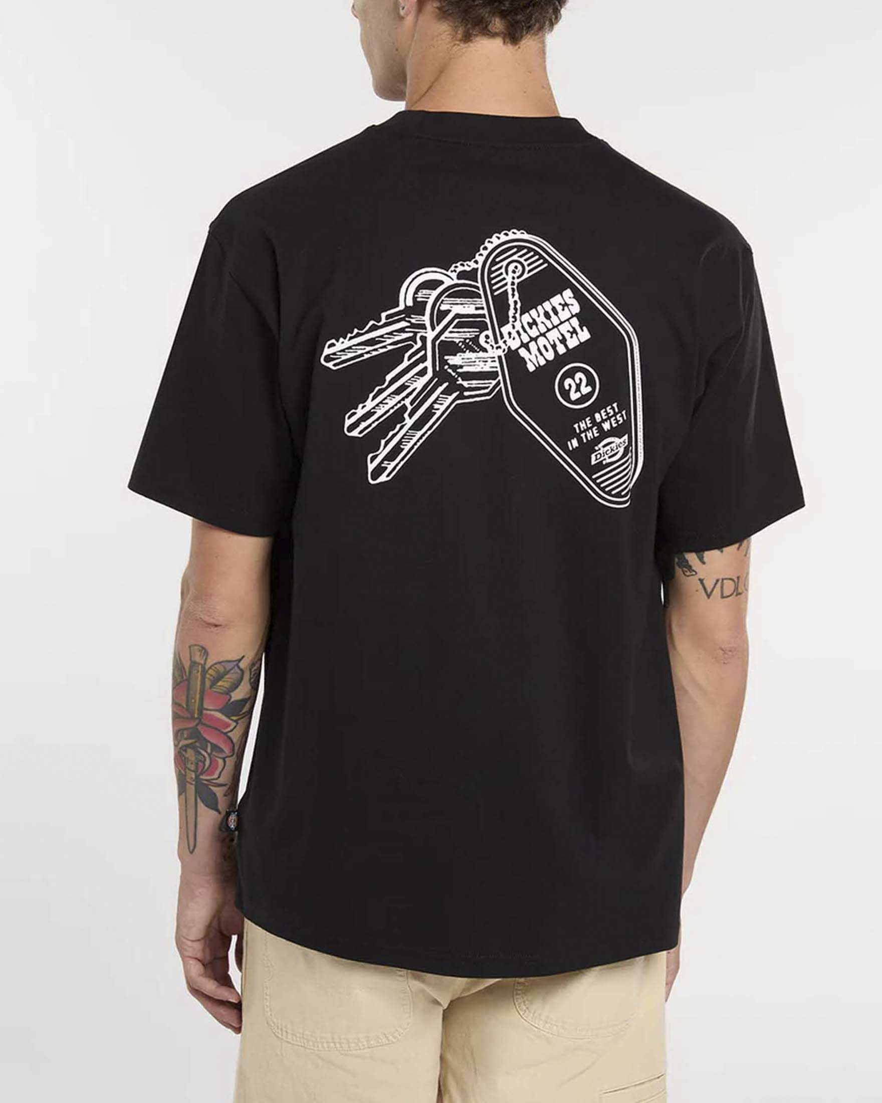 T-shirt mezza manica Dickies nera in cotone con stampa grafica chiavi sul retro image