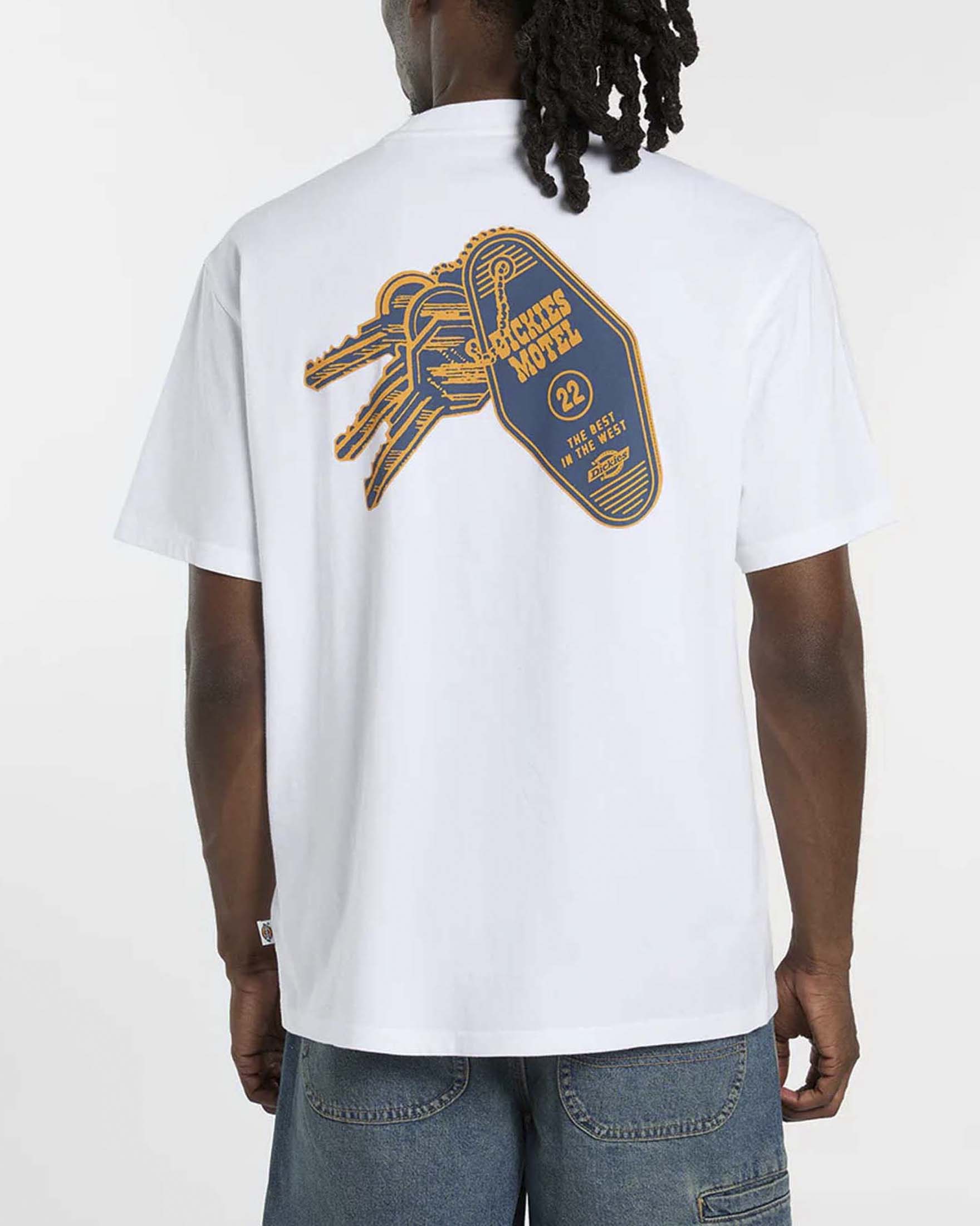 T-shirt mezza manica Dickies bianca in cotone con stampa grafica chiavi sul retro image