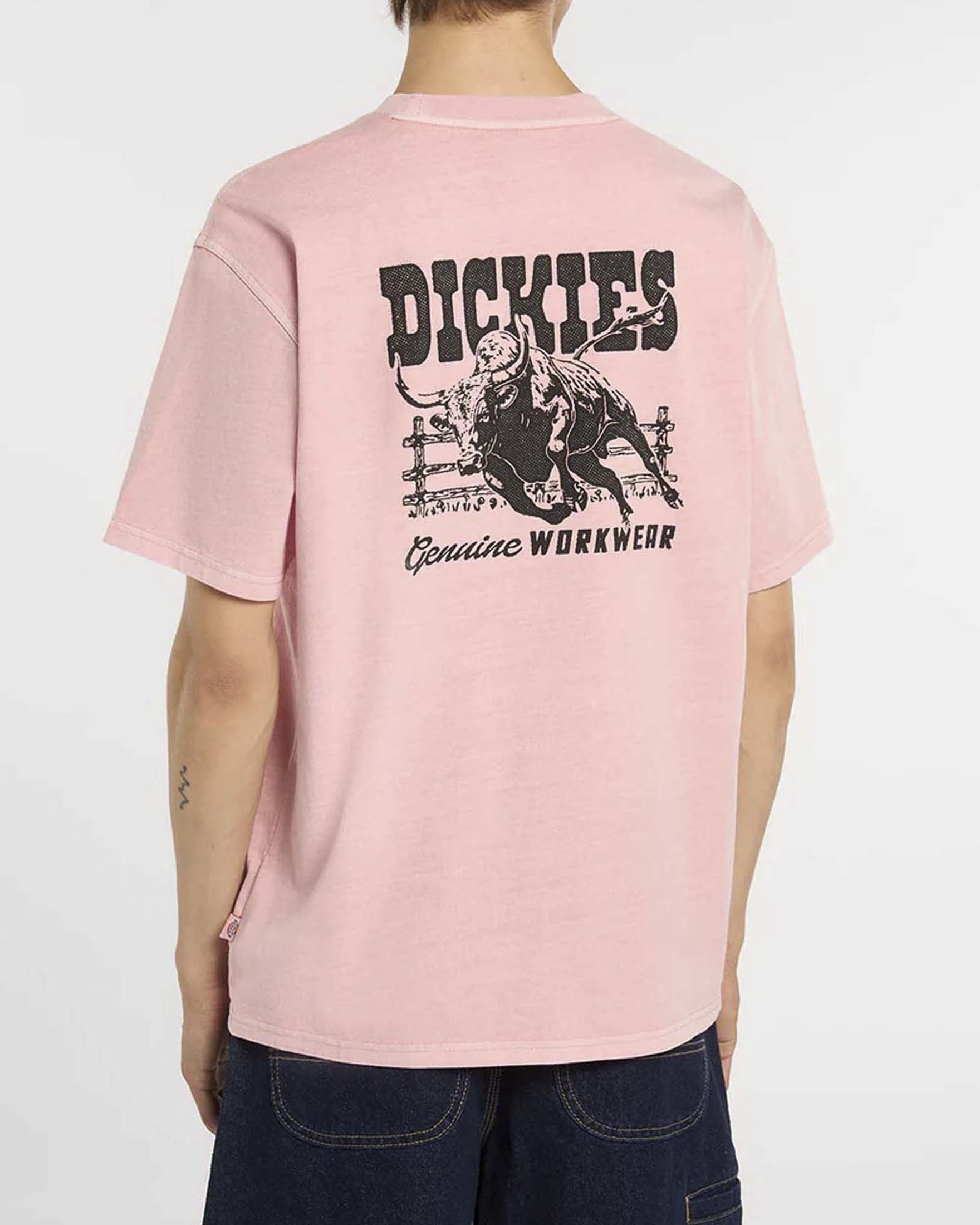 T-shirt mezza manica Dickies rosa in cotone con stampa grafica buffalo ranch sul retro image