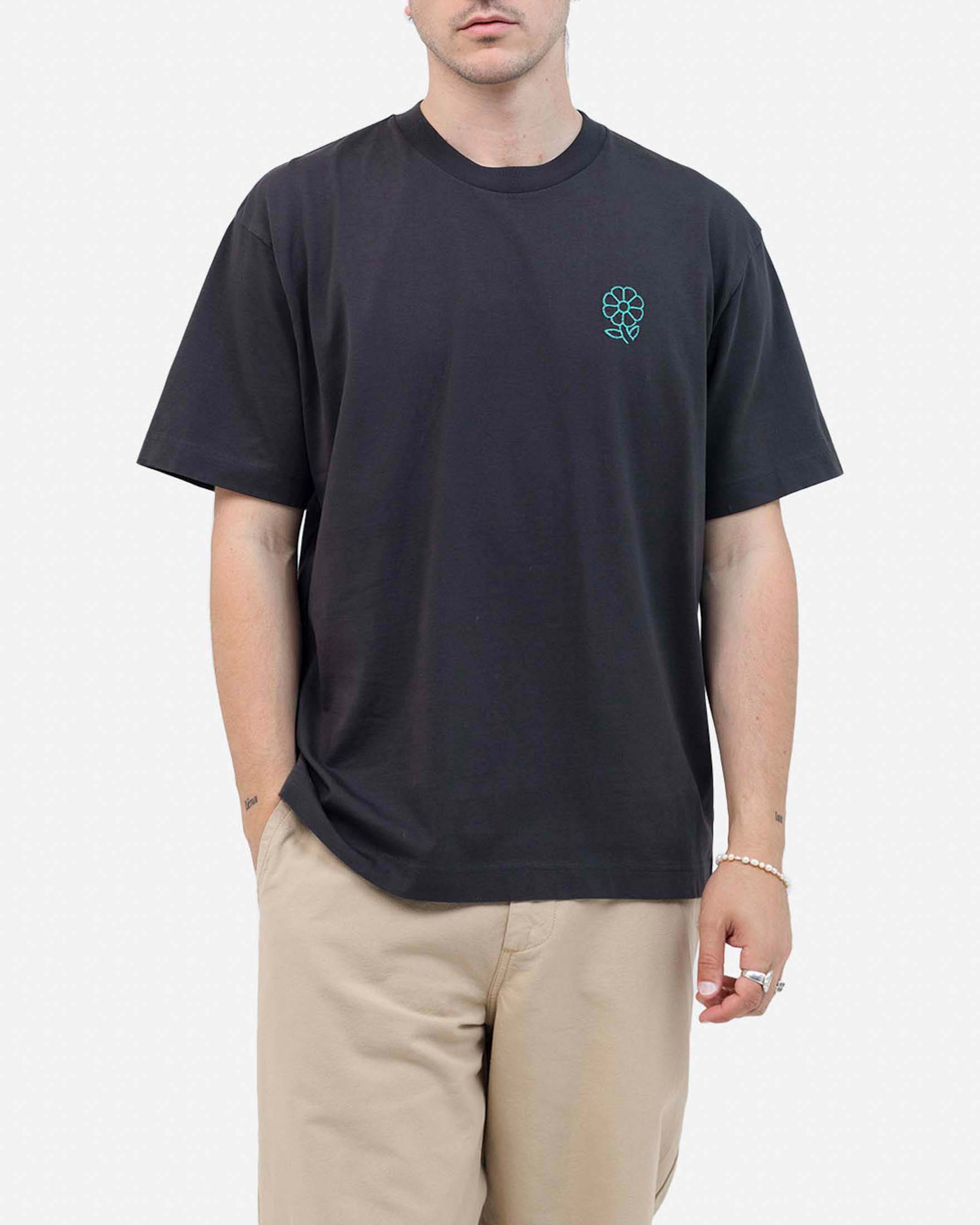 T-shirt Olow nera in cotone con ricamo fiore
