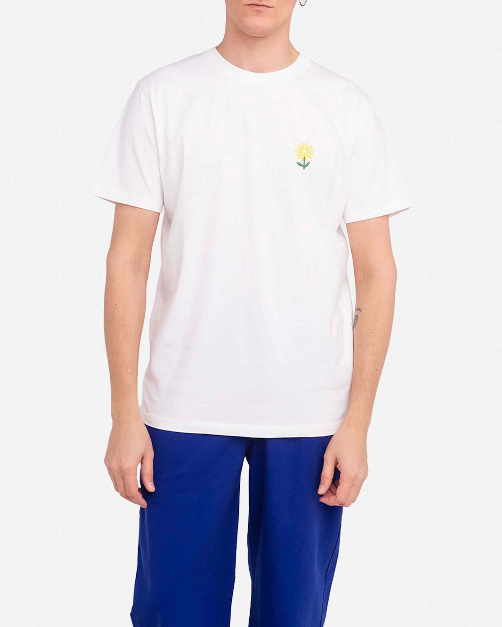 T-shirt Olow bianca in cotone con stampa grafica Sunday sul retro