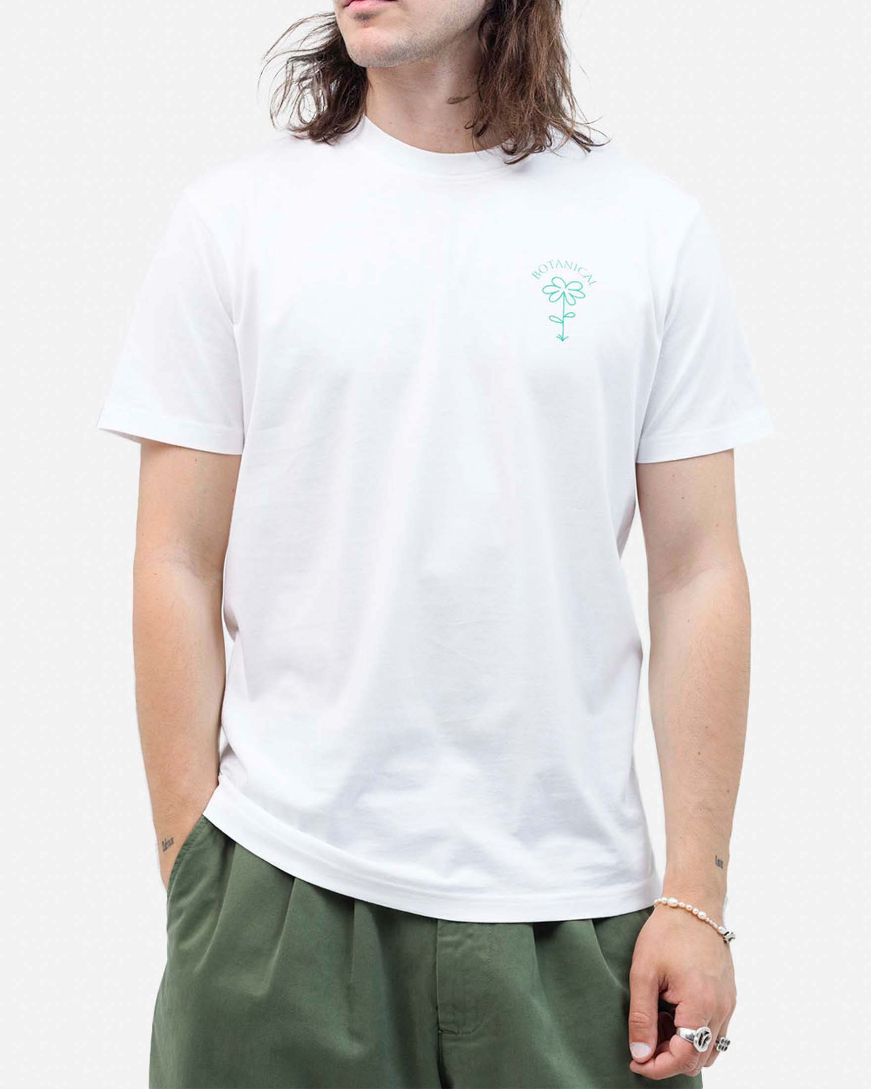 T-shirt Olow bianca in cotone con stampa grafica Botanical sul retro
