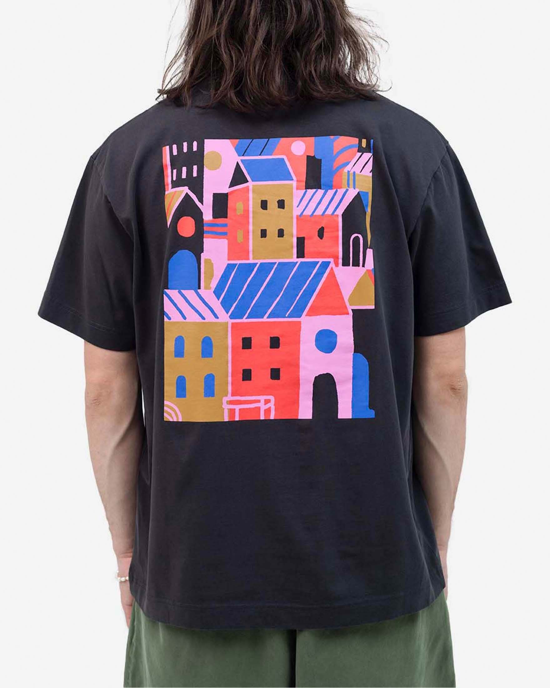 T-shirt Olow nera in cotone con stampa grafica multicolor image