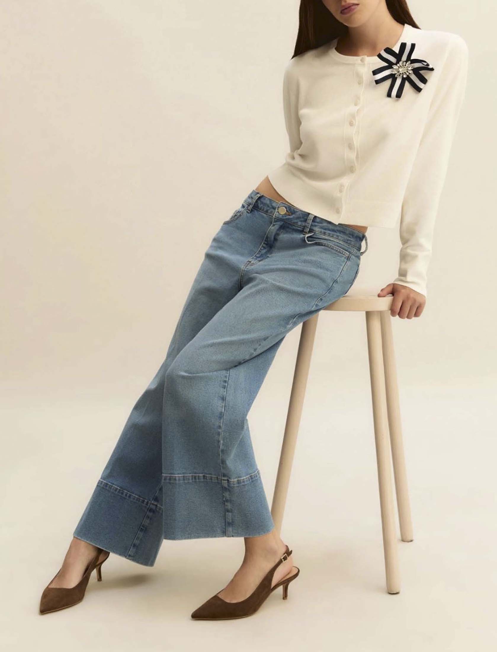 Jeans wide cropped Emme Marella super stonewashed in cotone stretch con orlo alto e piega stirata