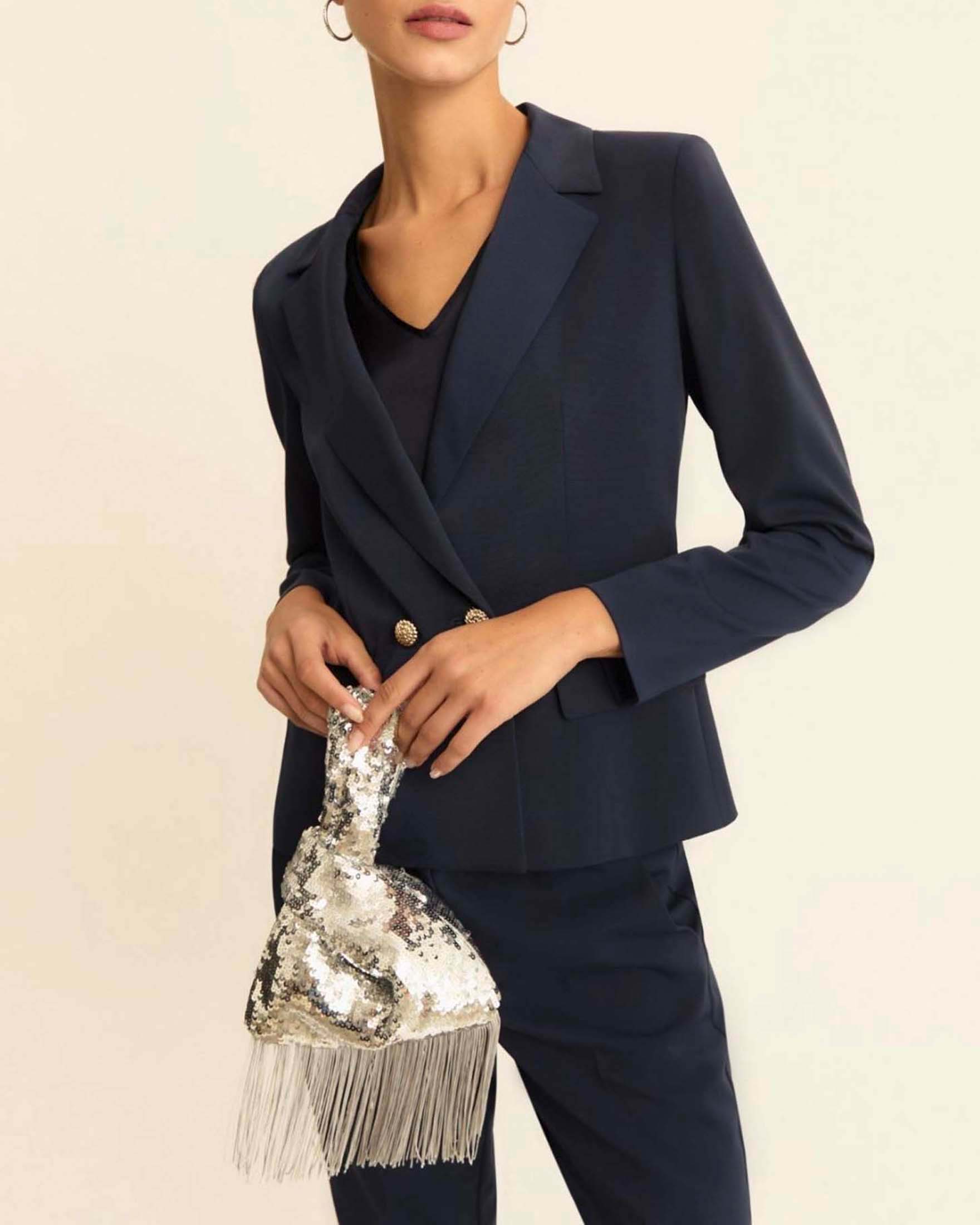 Blazer doppiopetto Emme Marella blu in faille di misto viscosa con linea sfiancata e bottoni gioiello