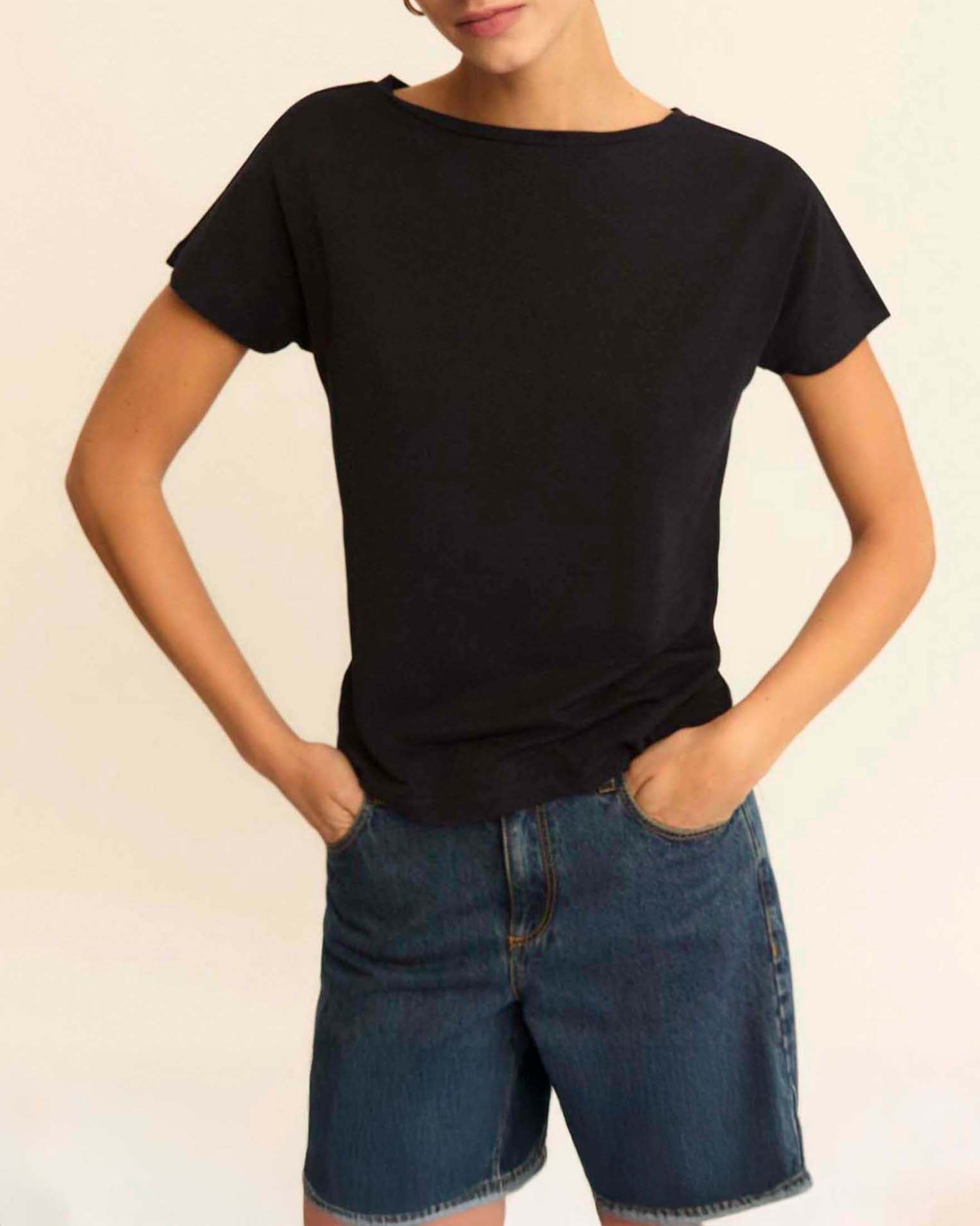 T-shirt maniche corte Emme Marella blu in jersey lurex stretch con scollo ampio