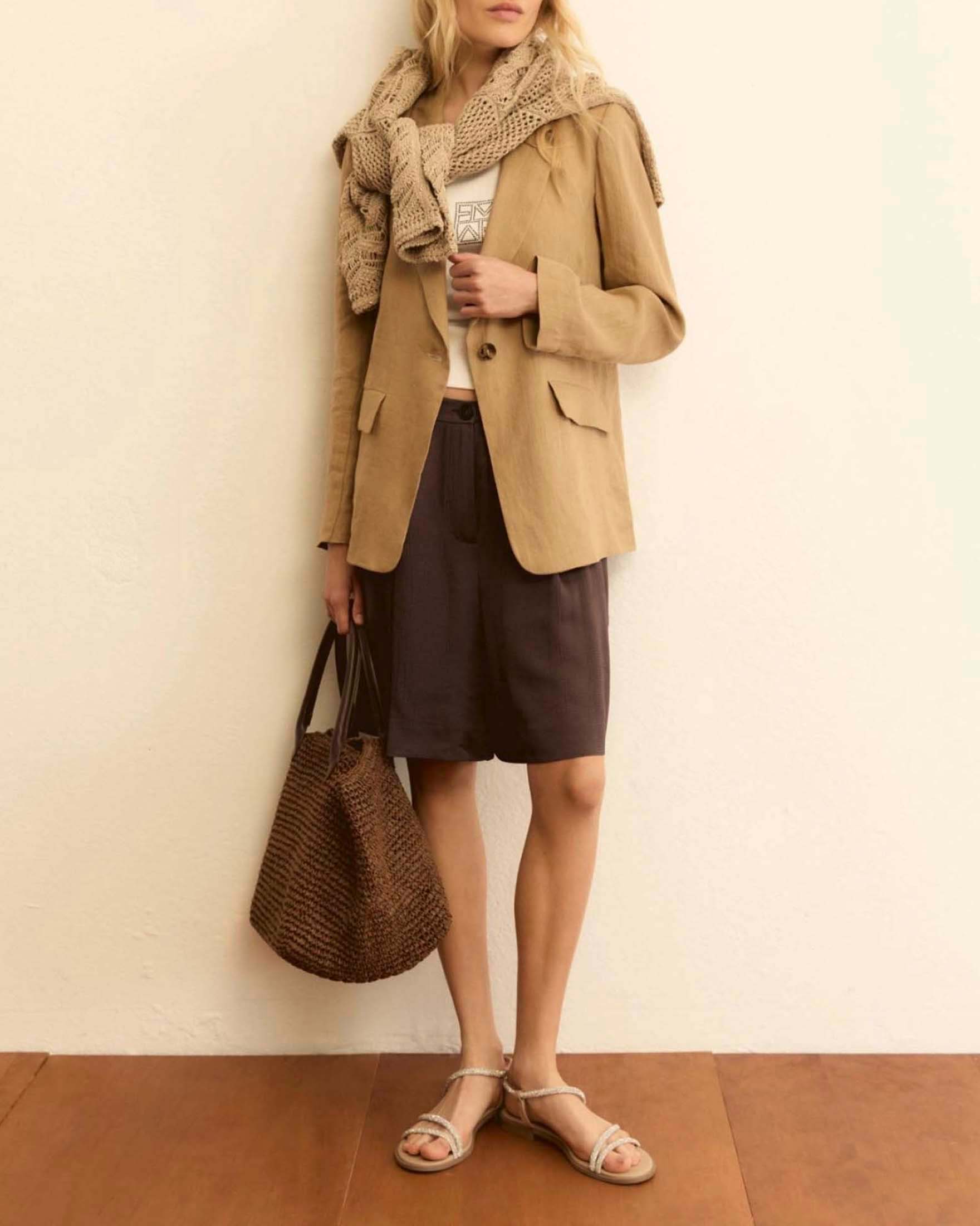 Blazer monopetto Emme Marella cammello in lino lavato con rever classico image