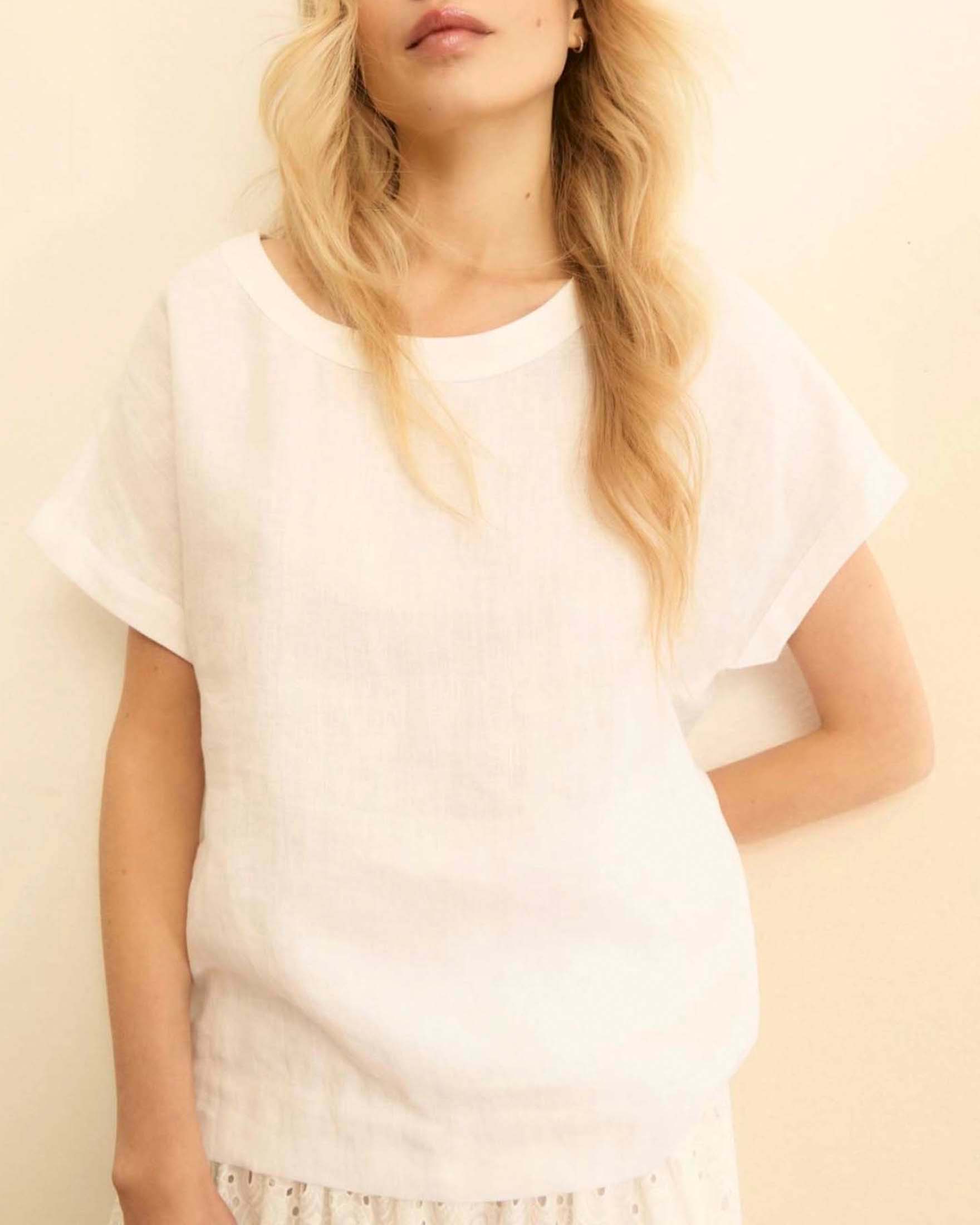 Blusa Emme Marella bianca in lino lavato con maniche a kimono corte e scollo a barchetta