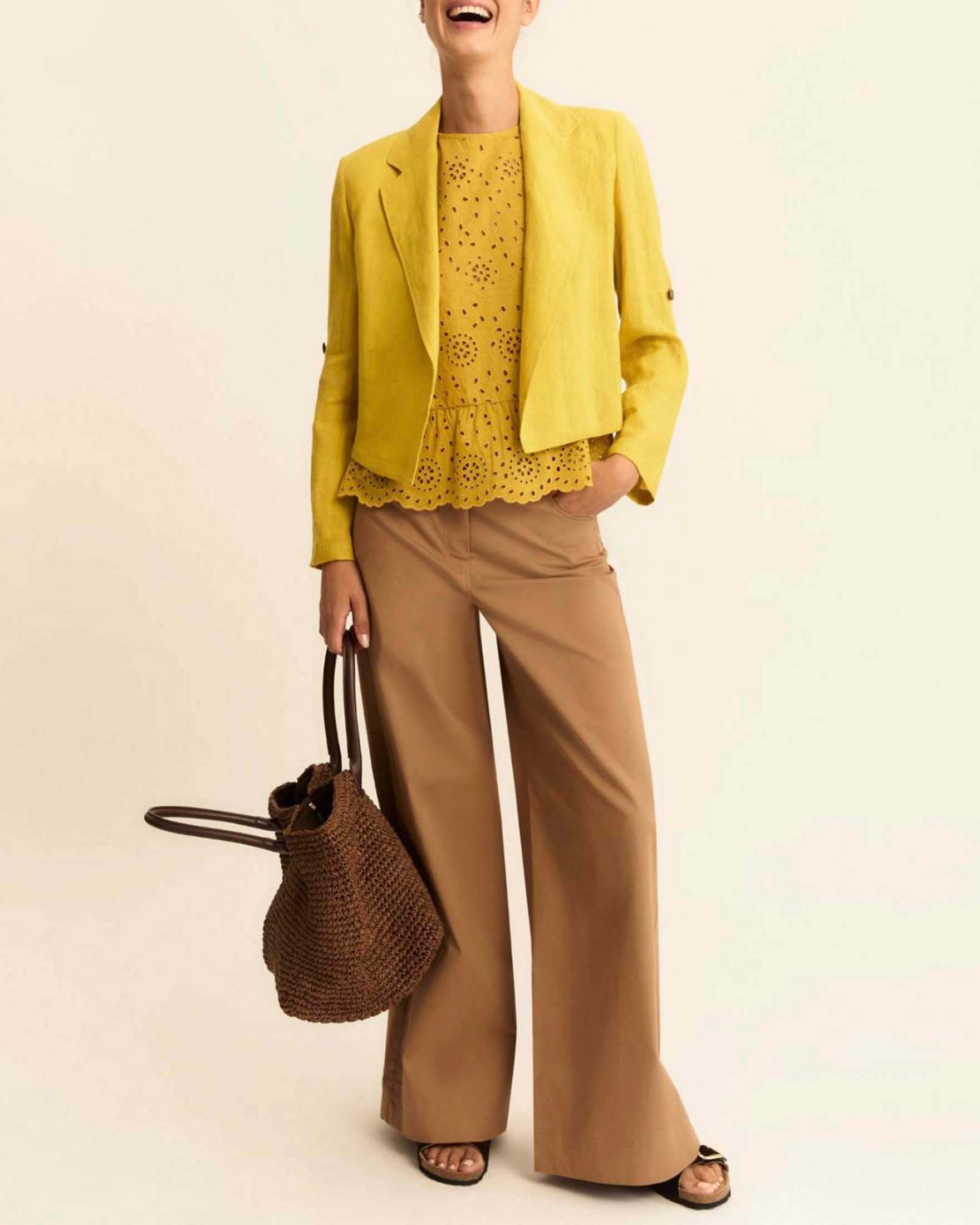 Top smanicato giallo in sangallo con retro in jersey e balza