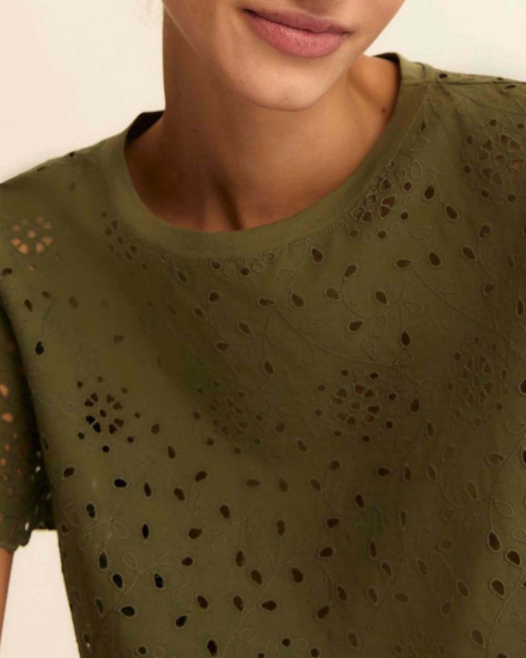 T-shirt girocollo Emme Marella militare in sangallo di cotone con retro in jersey e bordi smerlati image