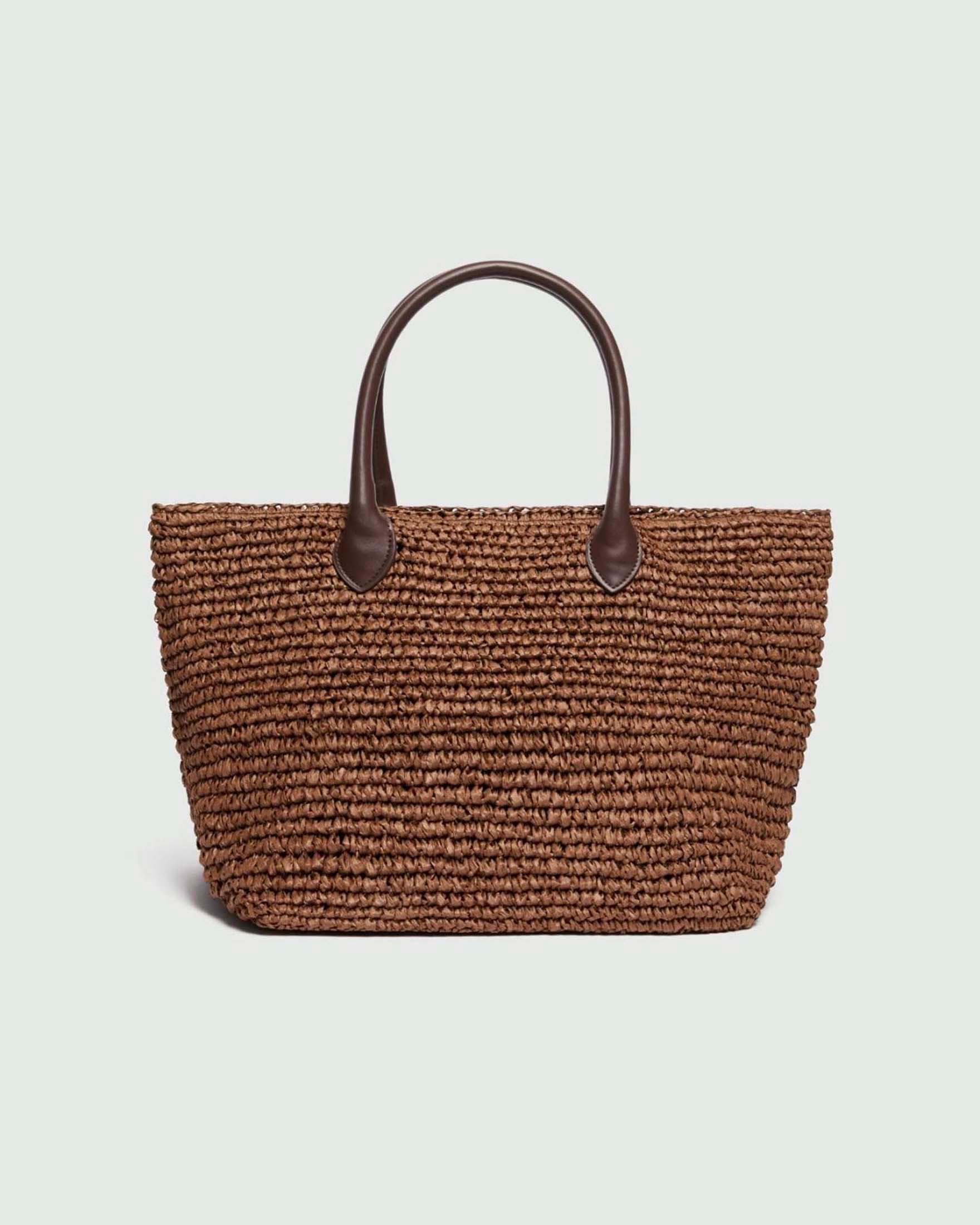 Shopping bag in rafia color cuoio e marrone con manici in ecopelle