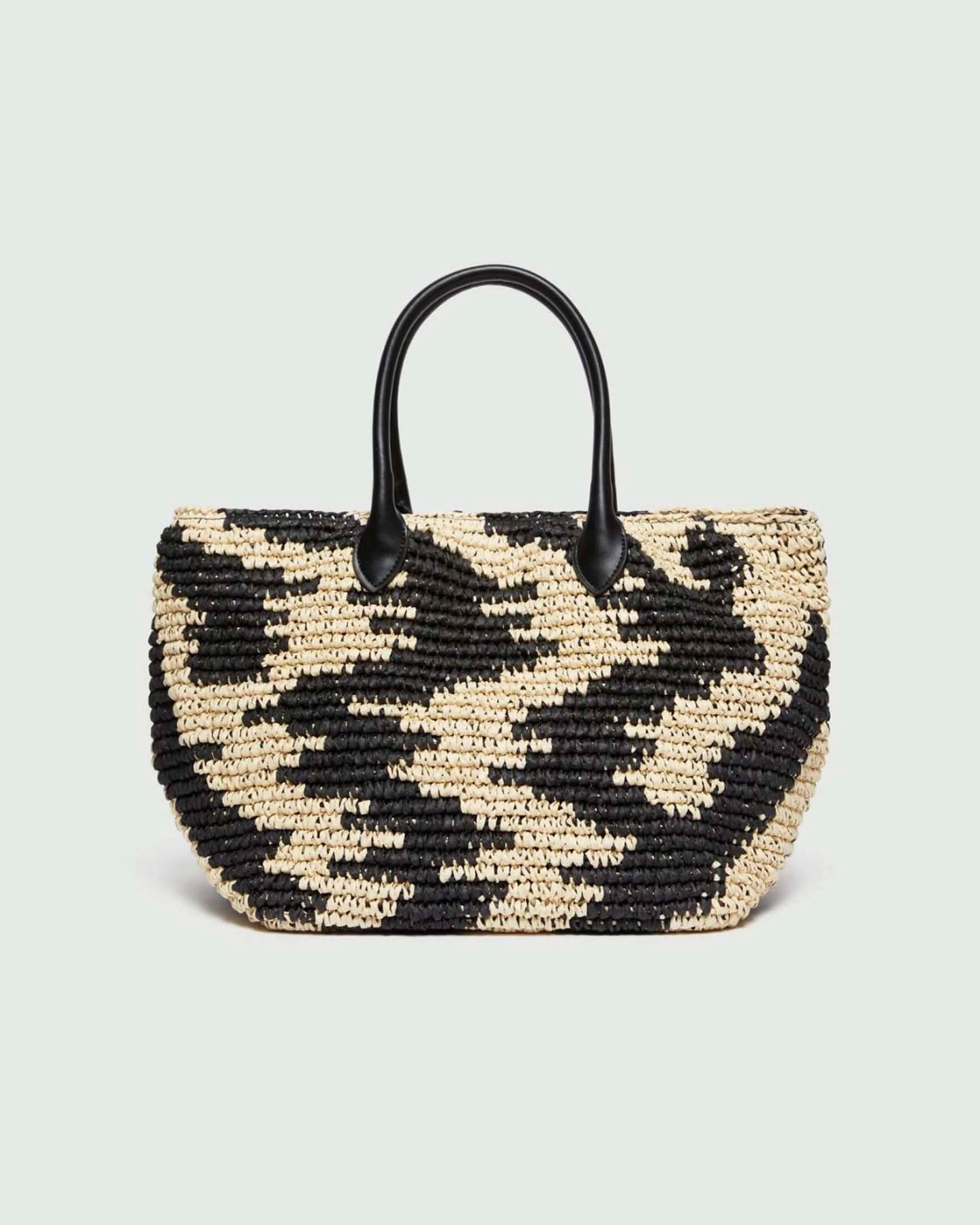 Shopping bag in rafia color écru e nera con manici in ecopelle