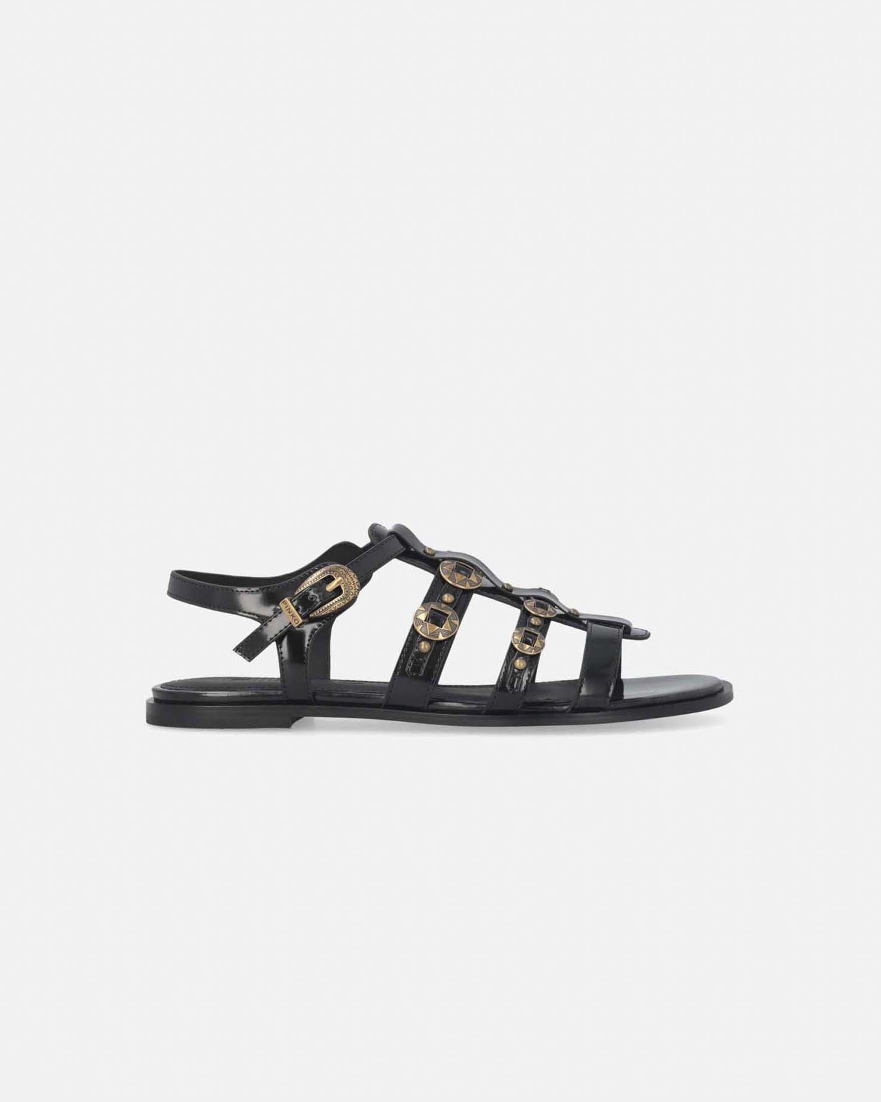 Ciabattine flat Milly in pelle nera e logo Love Birds con bordo dorato