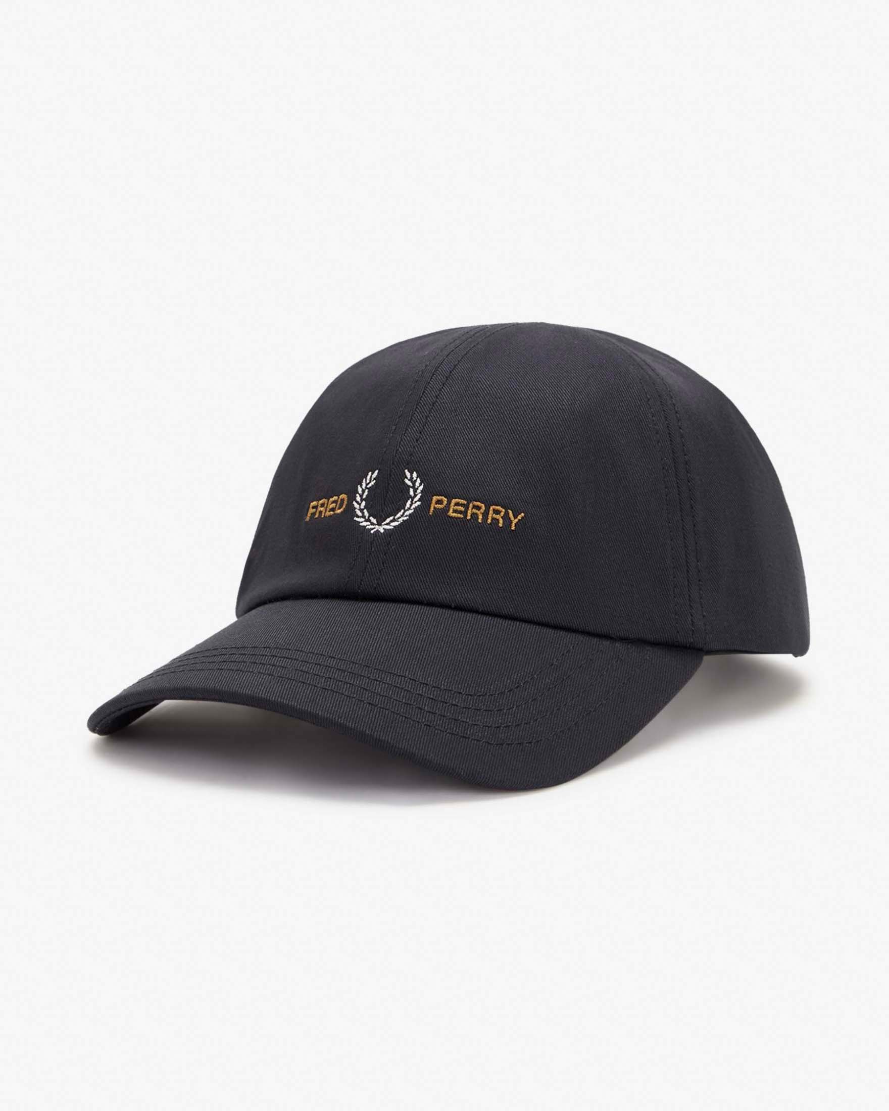 Berretto baseball Fred Perry nero in twill di puro cotone con scritta logo ricamata