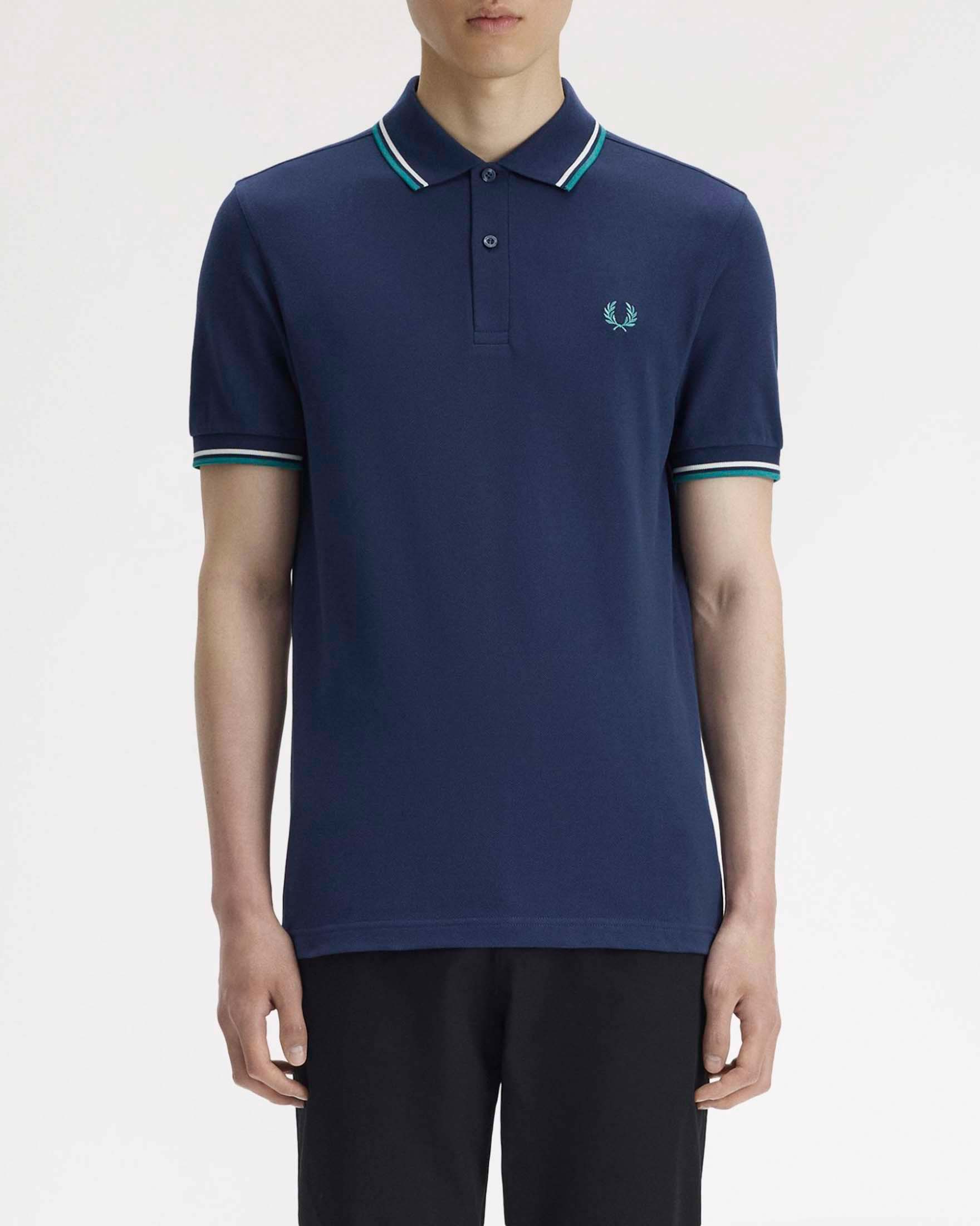 Polo Fred Perry blu indaco mezza manica con bordino bianco e celeste