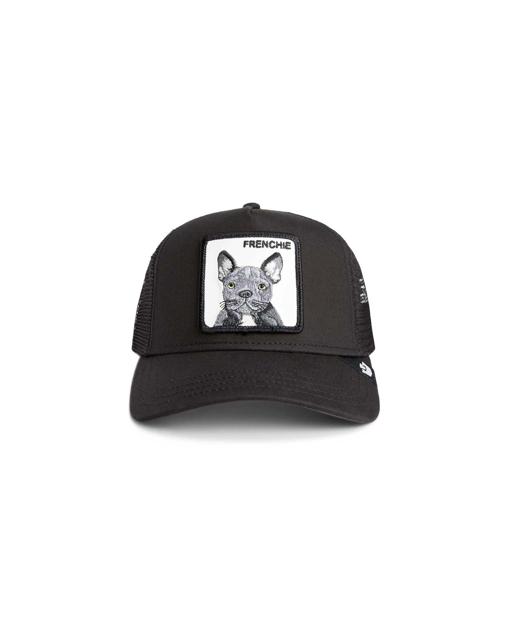 Berretto trucker Frenchie nero con patch bulldog francese