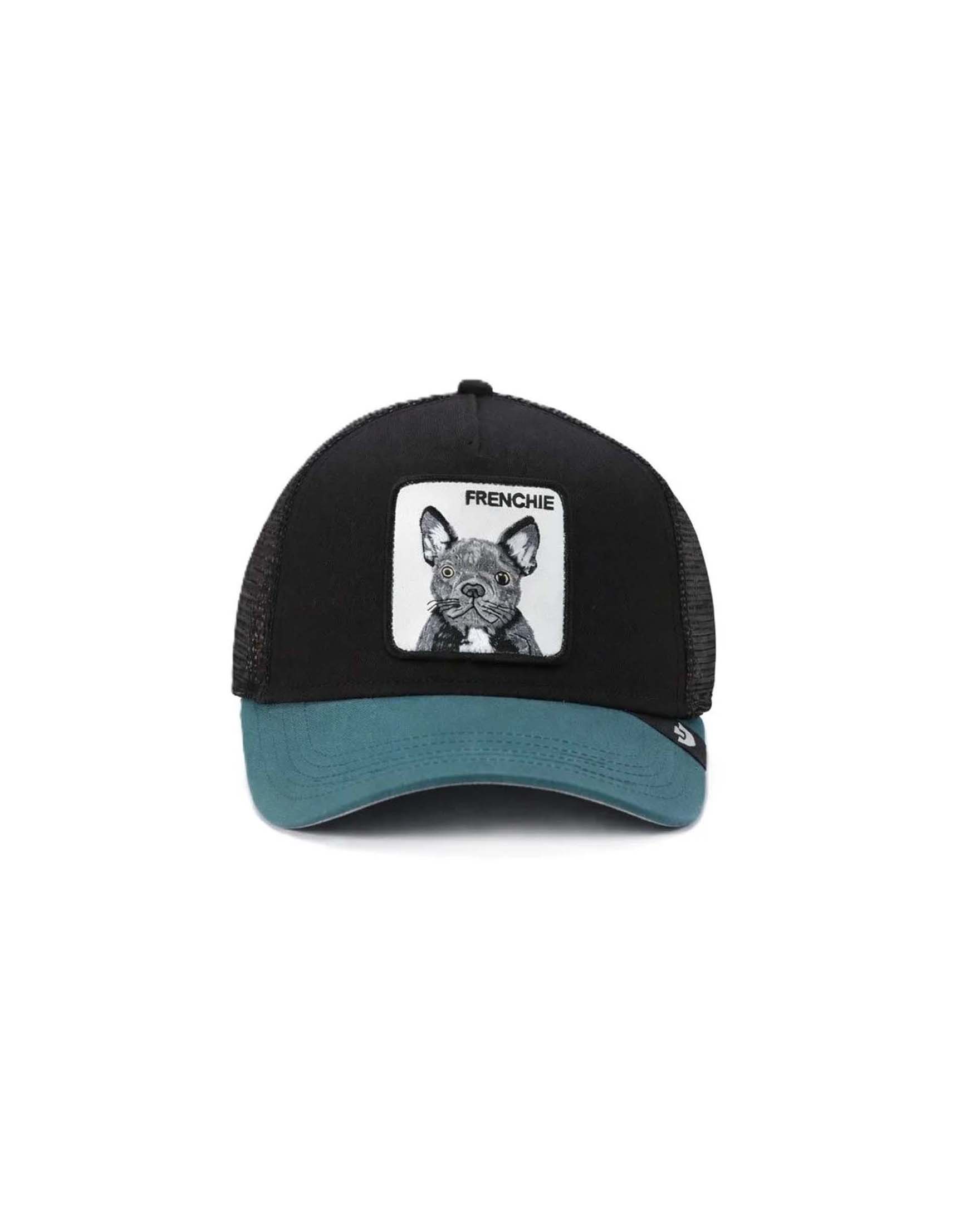 Berretto trucker Frenchie nero con patch bulldog francese e frontino ottanio