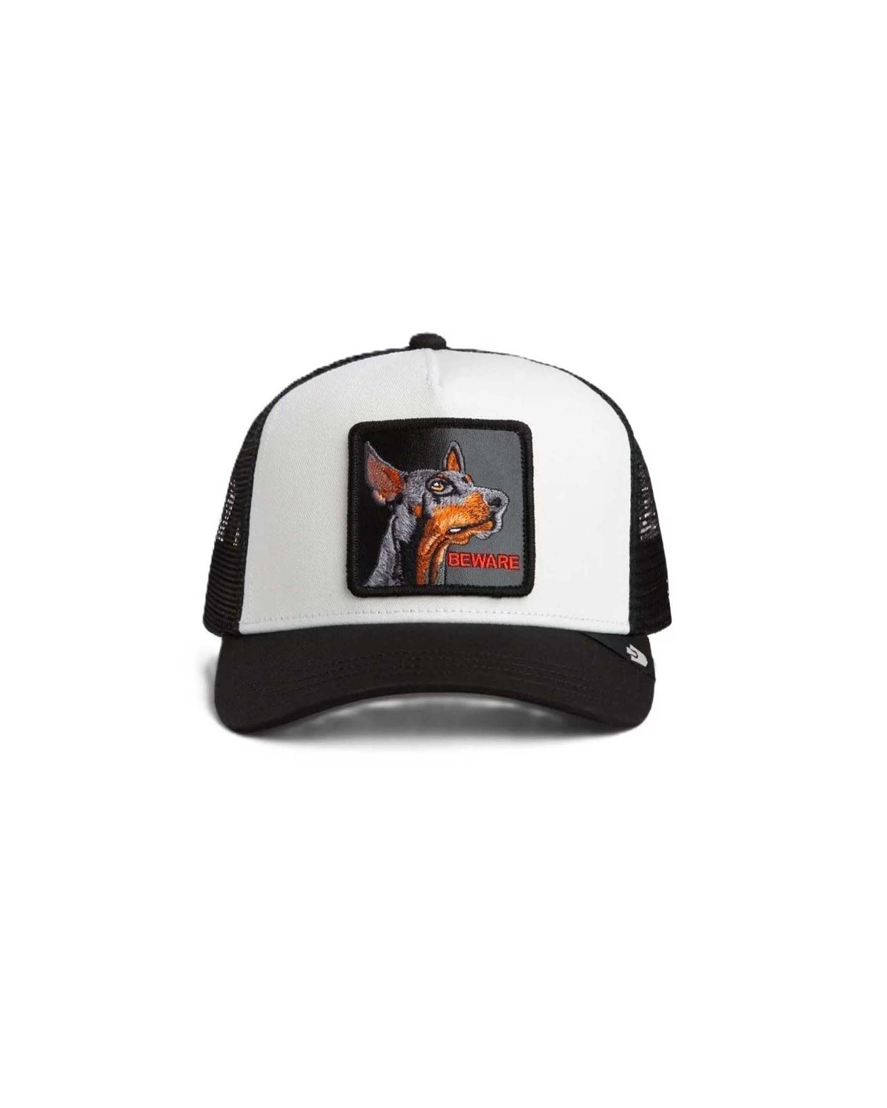 Berretto trucker Beware bianco e nero con patch doberman