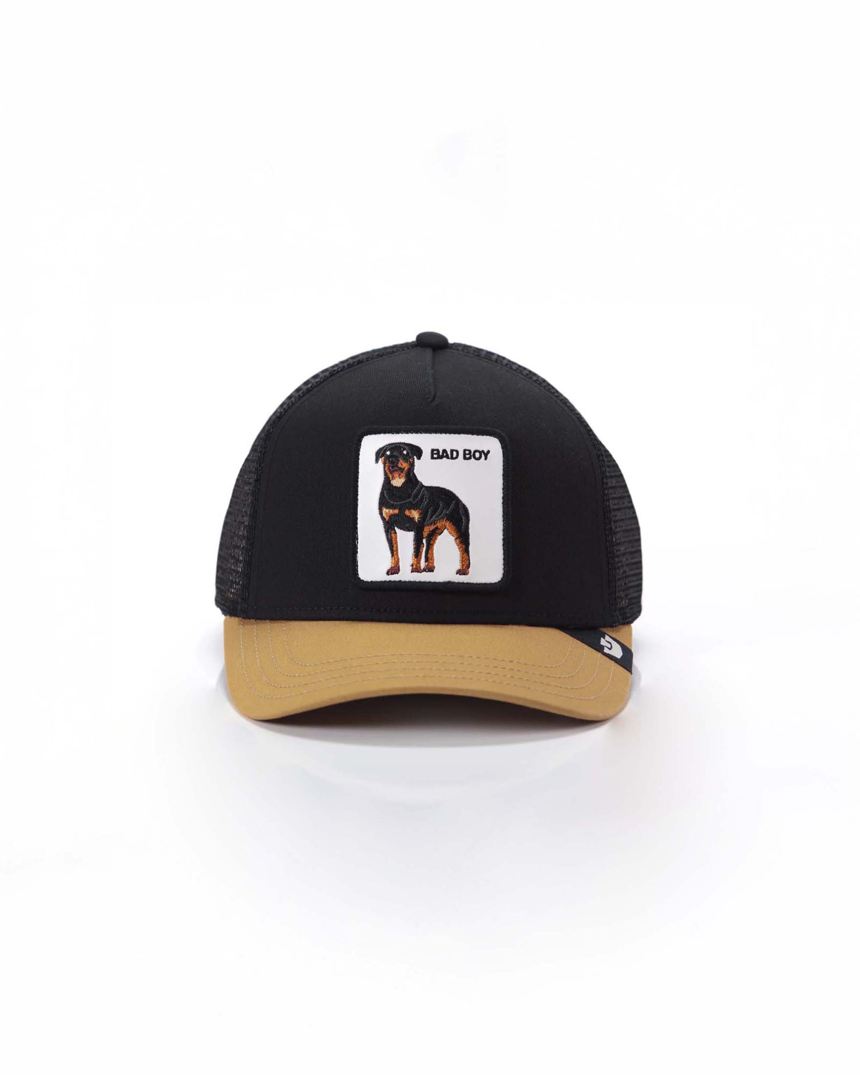 Berretto trucker Bad Boy nero con patch rottweiler e frontino sabbia