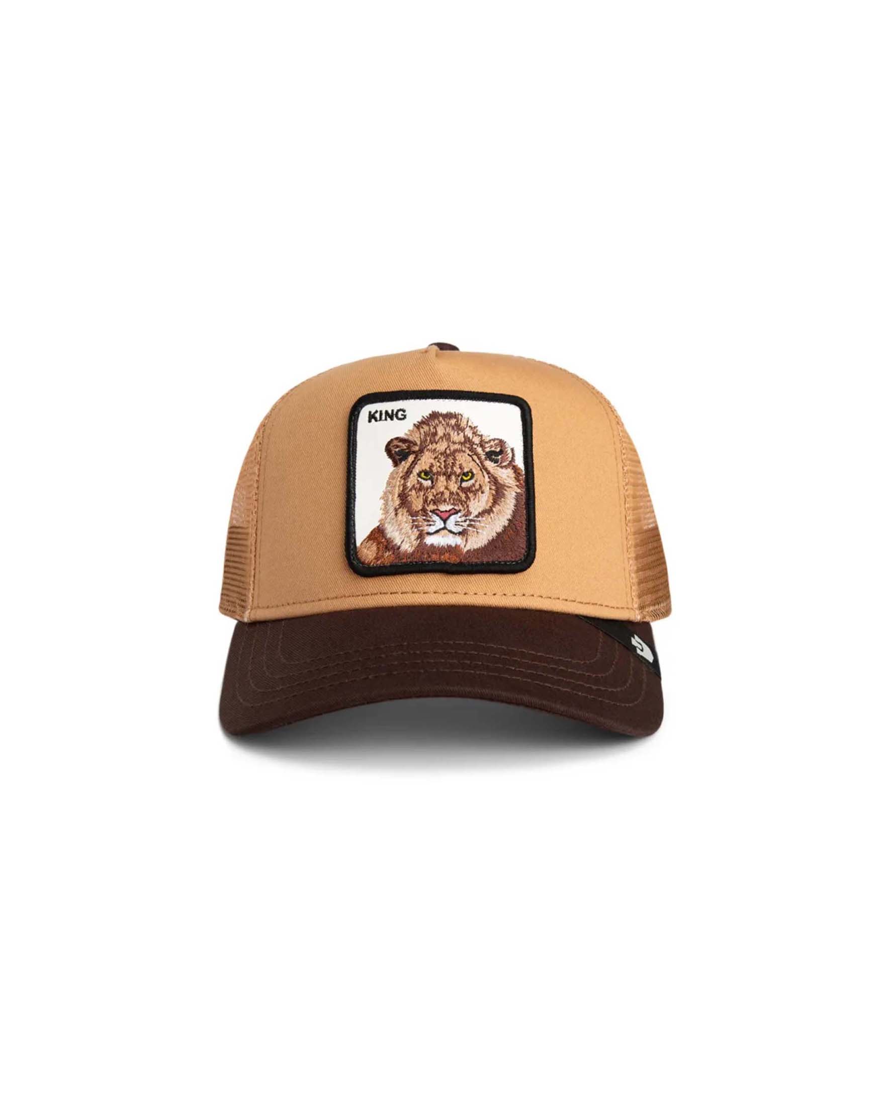 Berretto trucker King beige con patch leone e frontino marrone