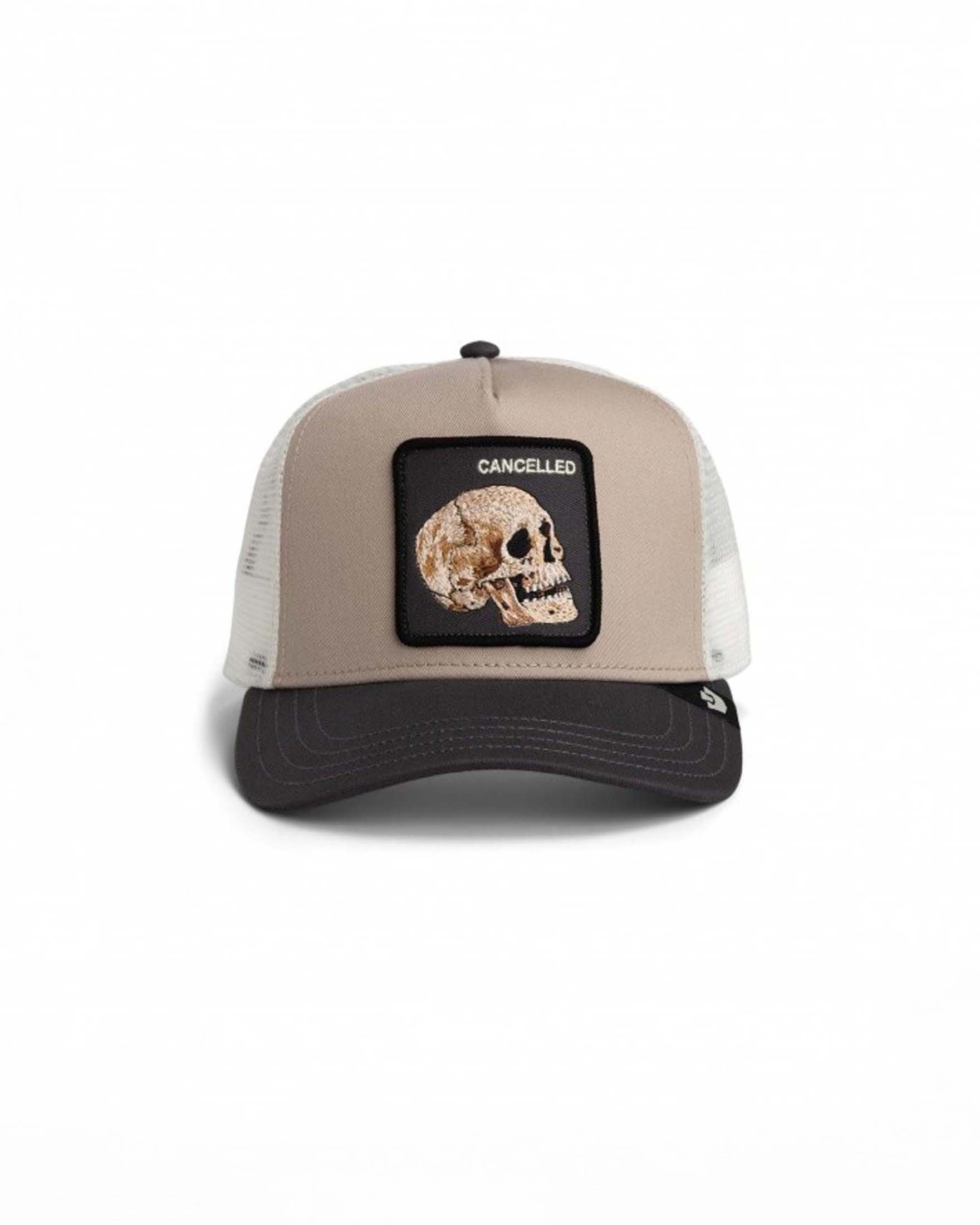 Berretto trucker Cancelled sabbia con patch teschio e frontino marrone