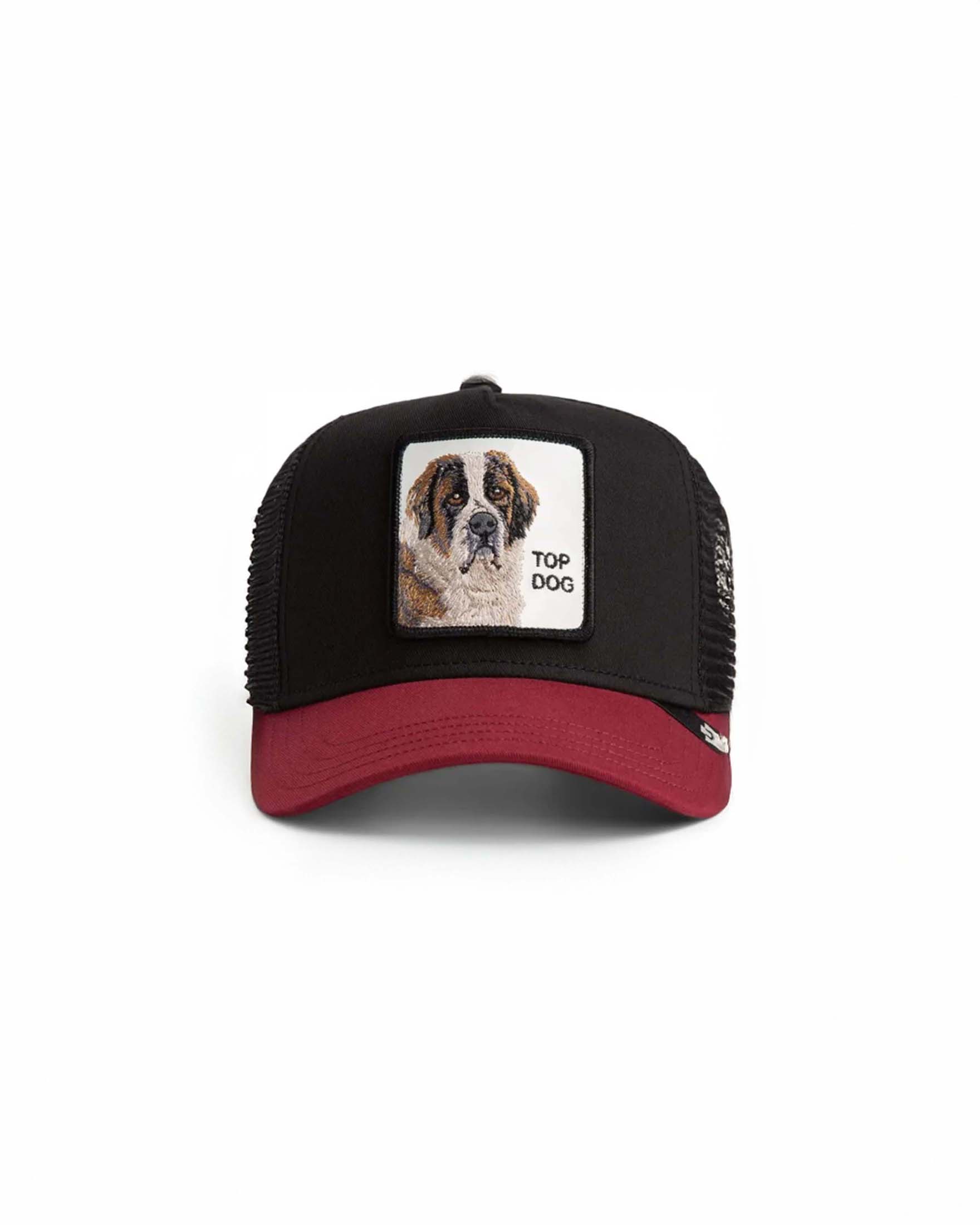 Berretto trucker Top Dog nero con patch san bernardo e frontino bordeaux