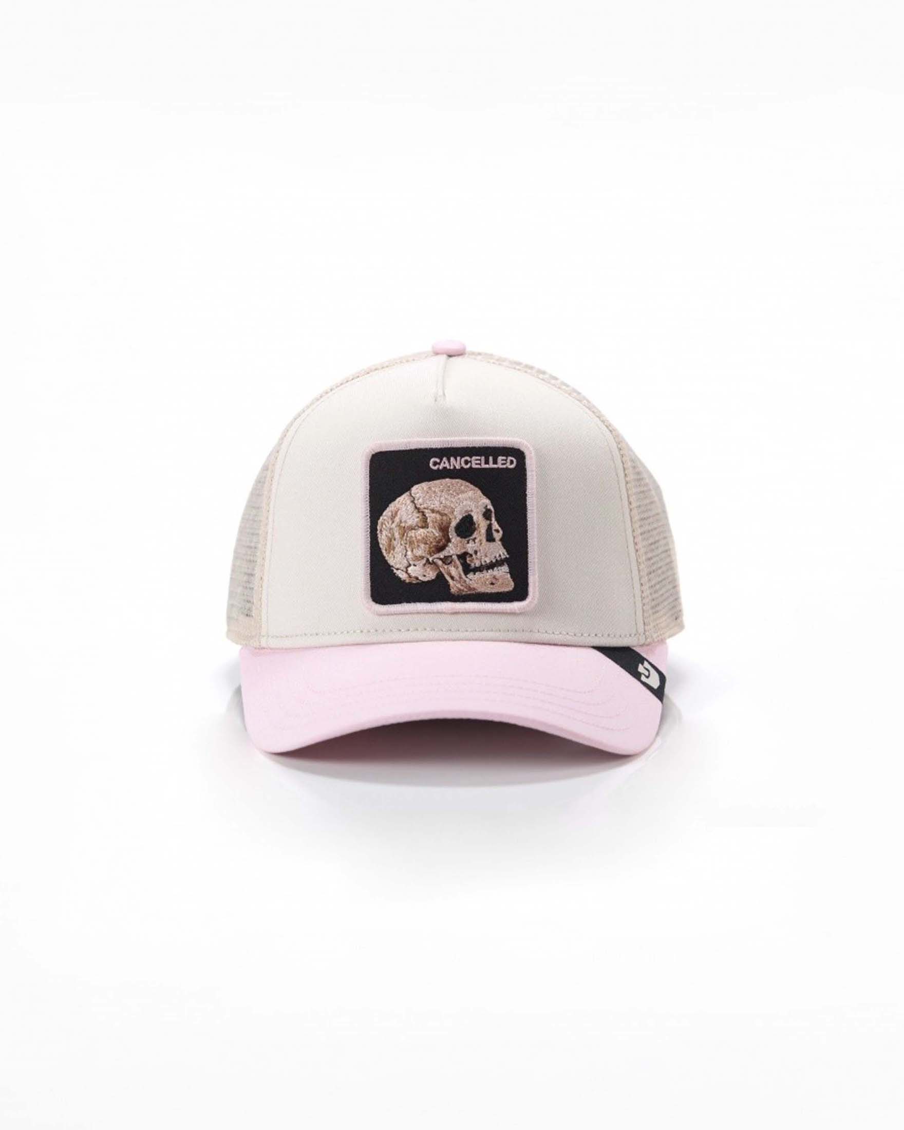 Berretto trucker Cancelled panna con patch teschio e frontino rosa